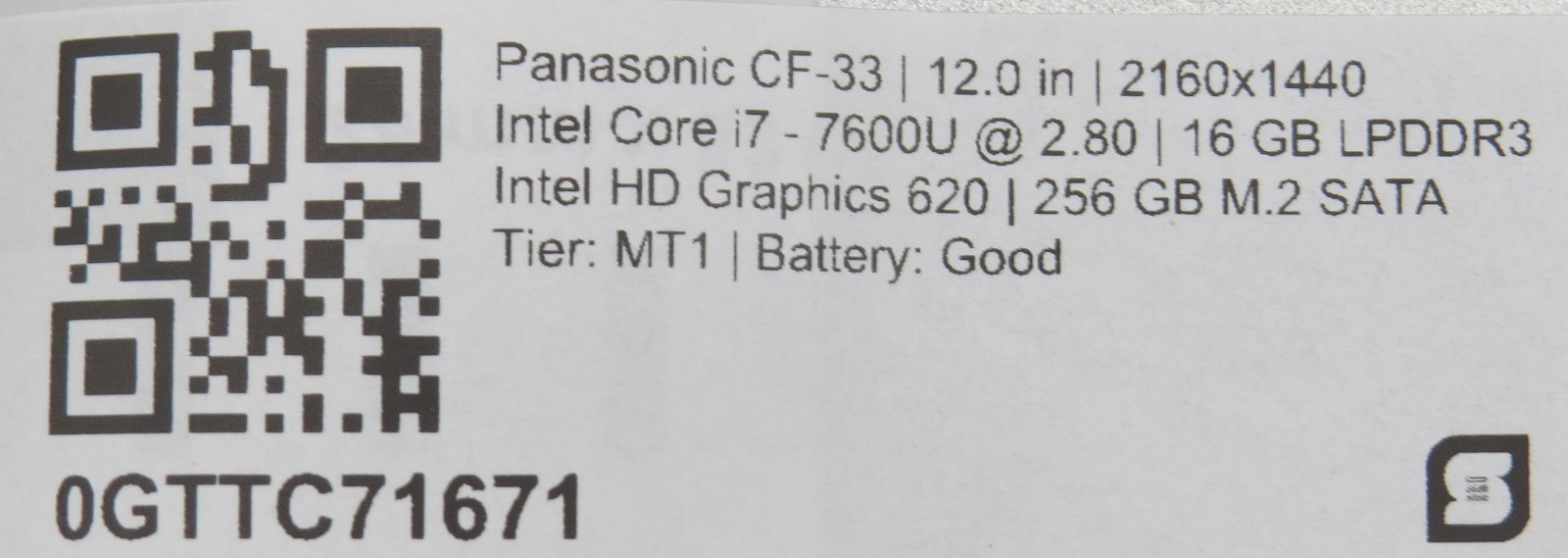Panasonic CF-33 Toughbook i7-7600U@2.8 | 16/256GB SSD | 12″ Touch | No OS/AC
