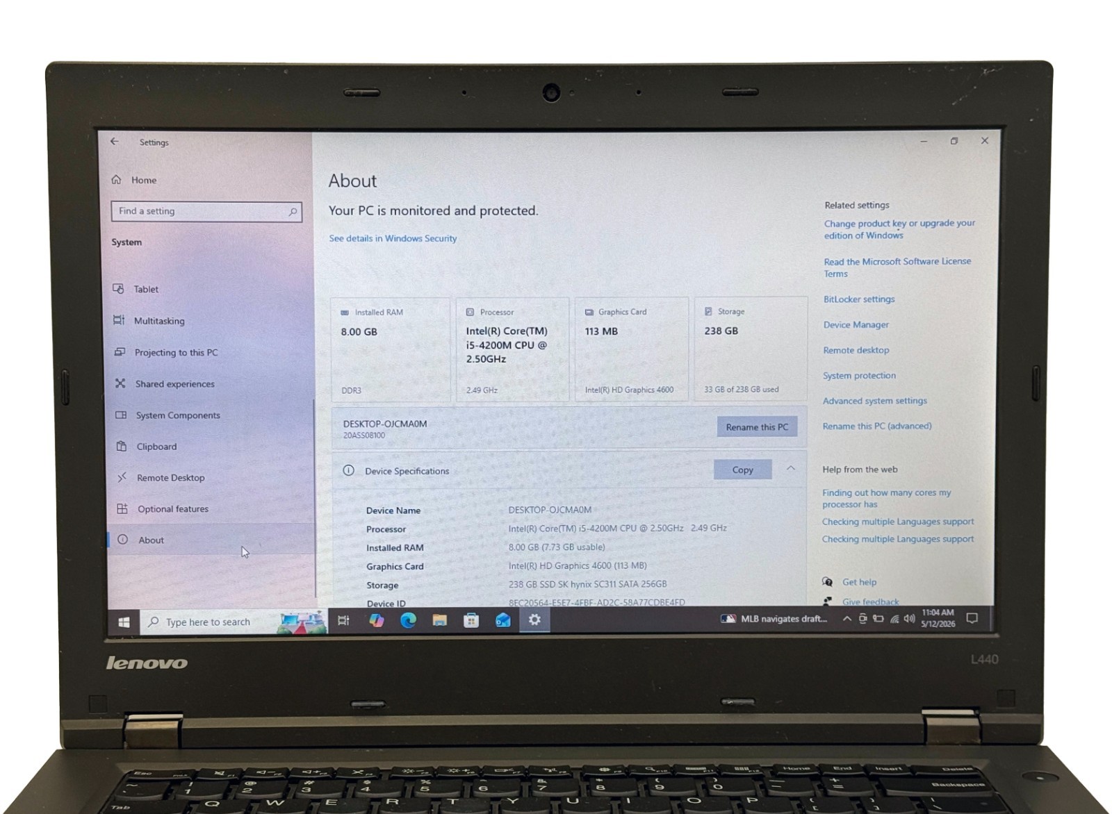 Lenovo Thinkpad L440 i5-4200M 2.4GHz 8GB RAM 256GB SSD – Battery Health 86.4%