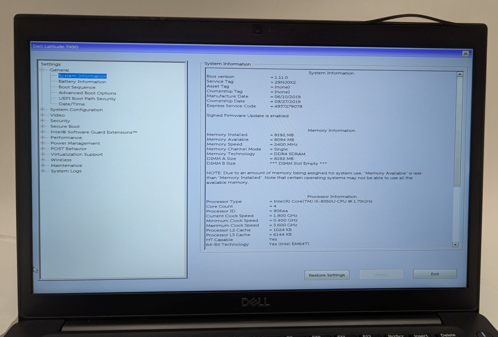 Incomplete Dell Latitude 7490 14″ Laptop Intel Core i5-8350U 1.70GHz 8GB RAM