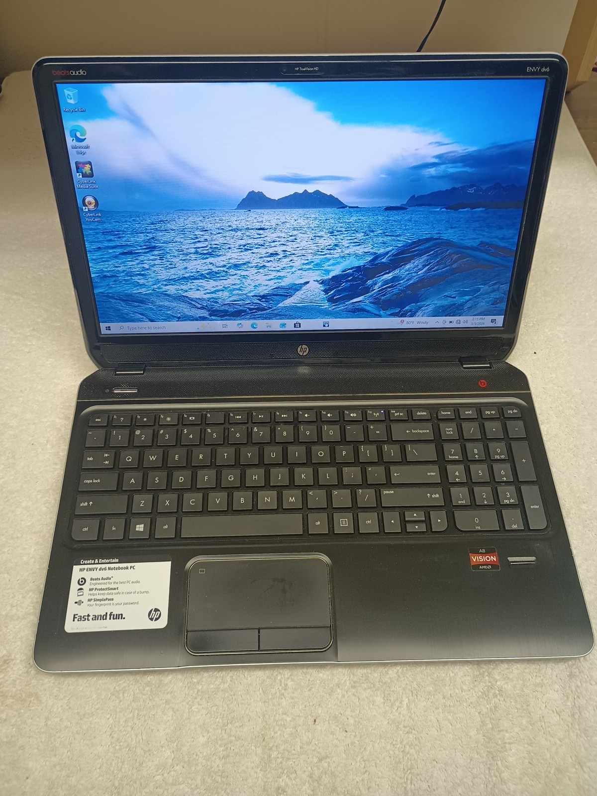 HP Envy DV6 AMD A8-4500M APU W/Radeon Graphics, 8GB RAM, 500Gb HDD Windows 10