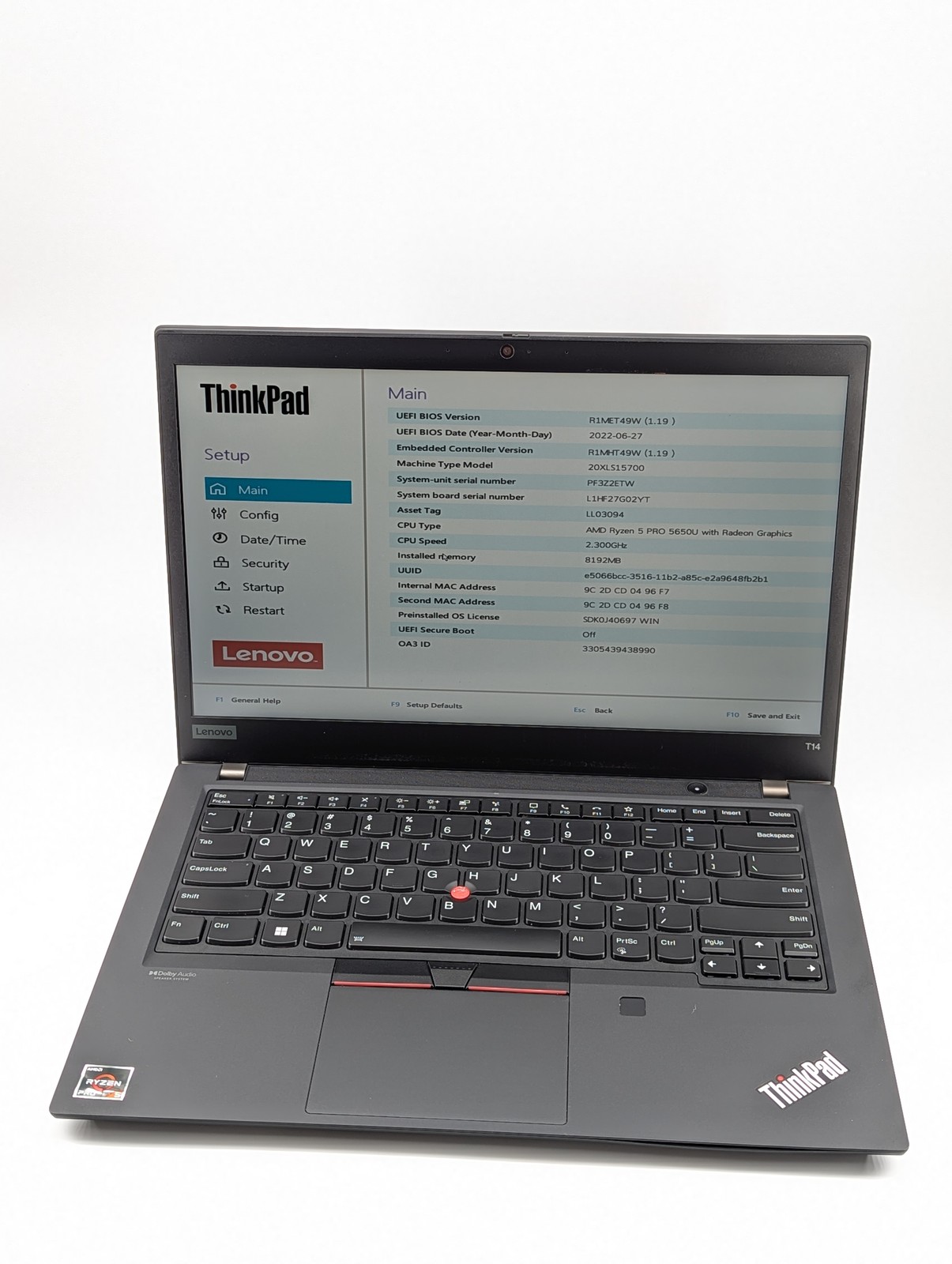 Lenovo ThinkPad T14 Gen 2a RYZEN 5 PRO 5650U 2.3Ghz 8GB RAM 256GB SSD-Grade D