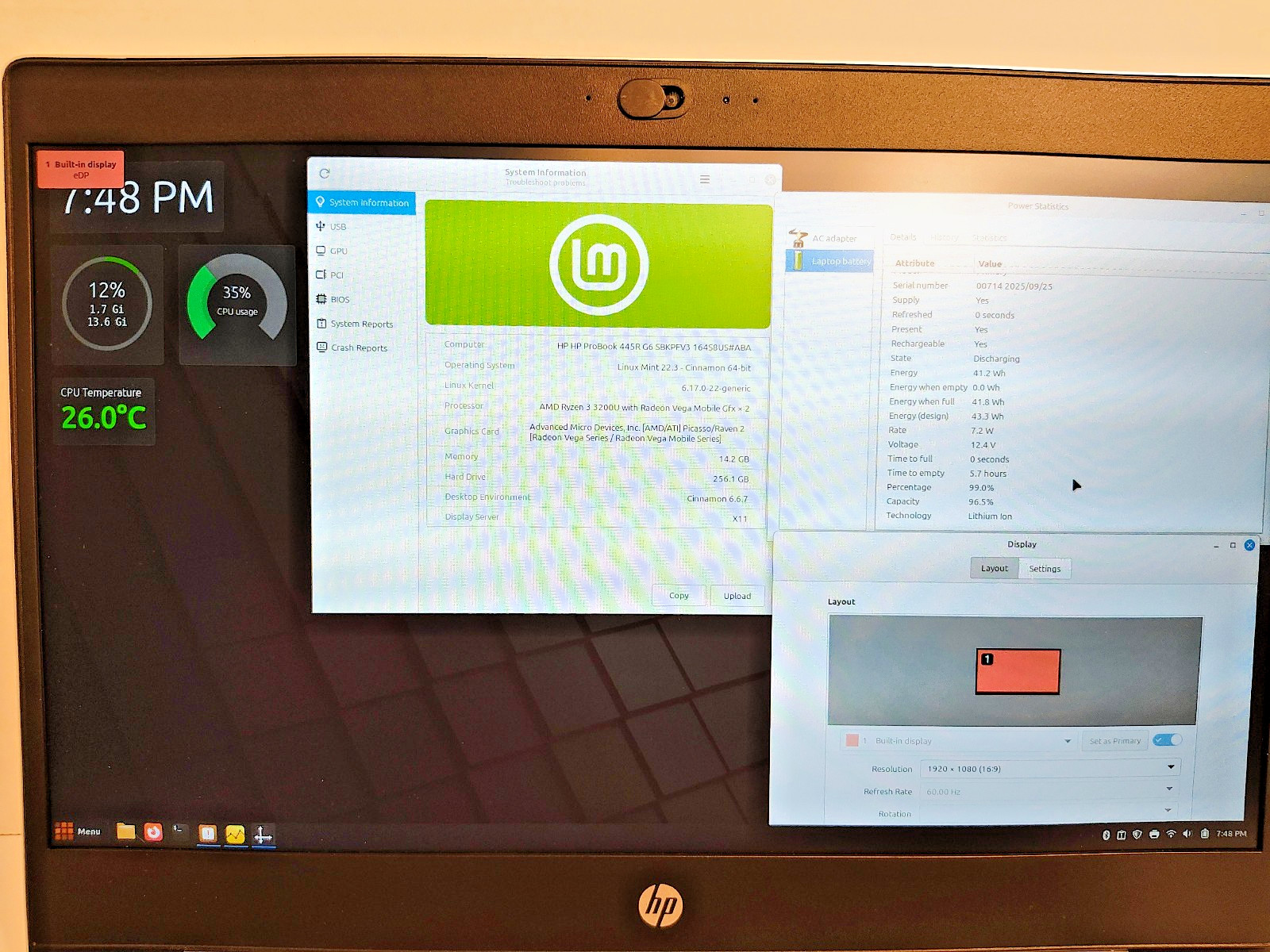 HP ProBook 445R G6 | 16GB RAM | 256GB SSD | Linux Mint 22 | Light, Slim, Portabl