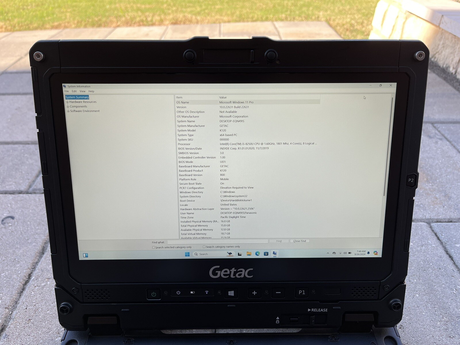 Getac K120 Rugged Toughbook Touch i5-8250U 1.60Ghz 16GB 256GB SSD Win 11 pro