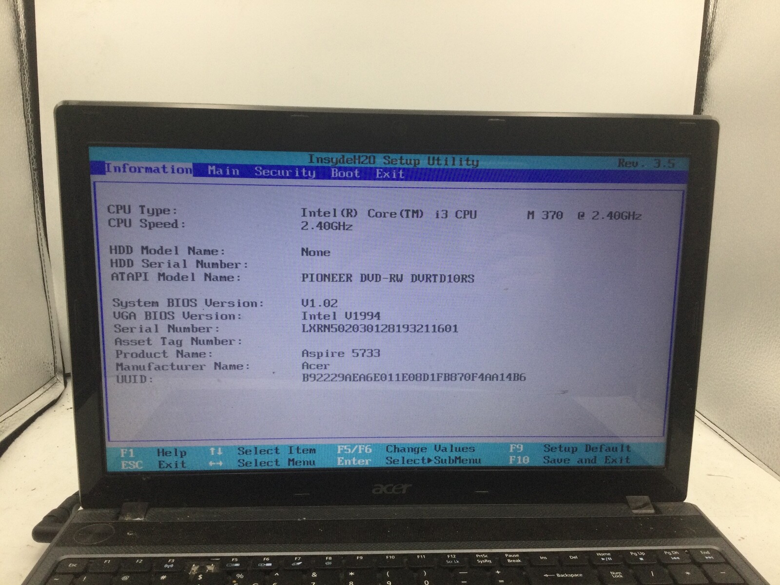 ACER ASPIRE 5733 – BOOTS TO BIOS – INTEL I3 M370 – 4GB RAM – READ DESCRIPTION-BB