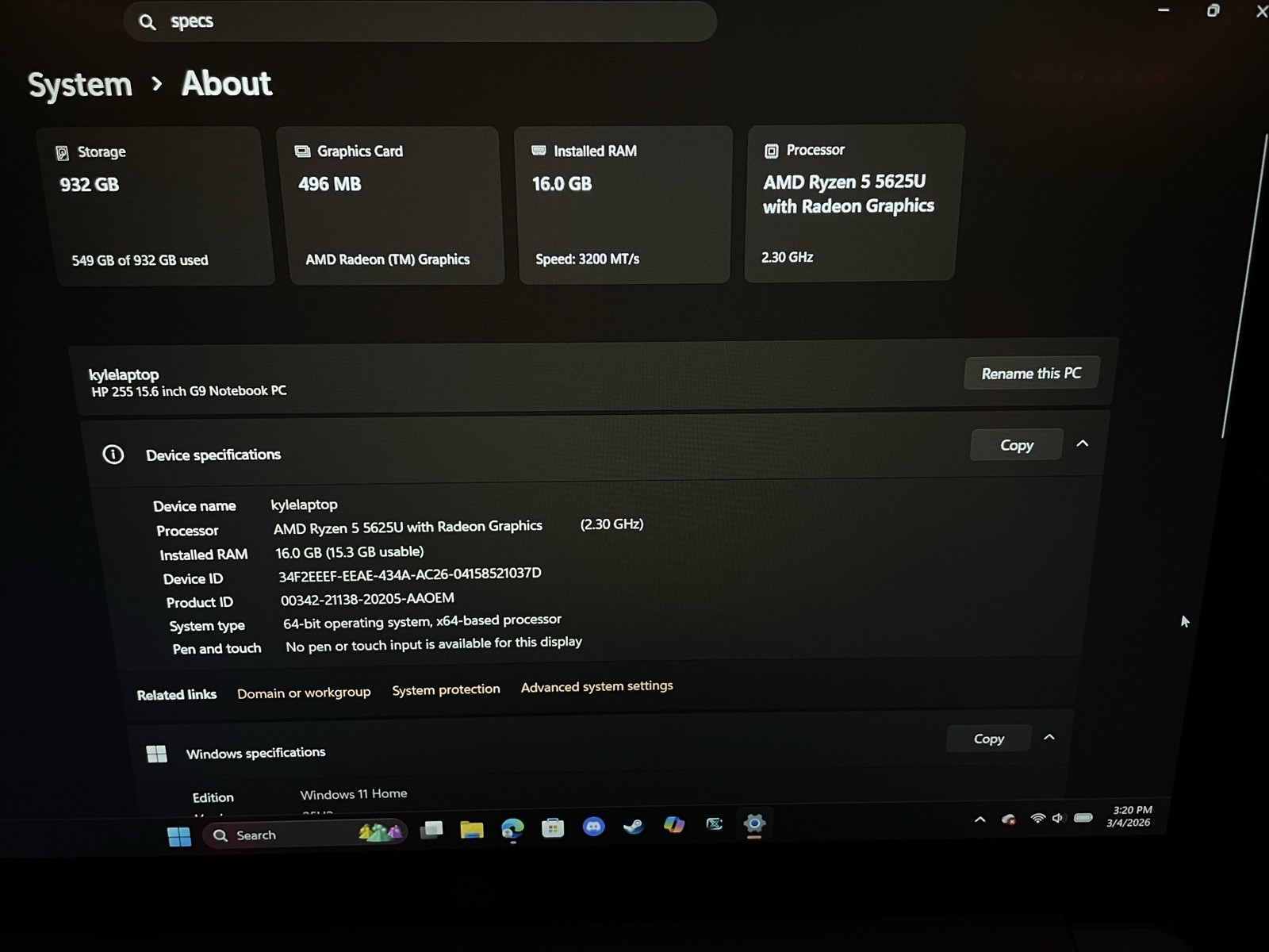HP 255 G9 Notebook Laptop AMD Ryzen 5 5625U 16GB RAM 932GB SSD 15.6″ Silver