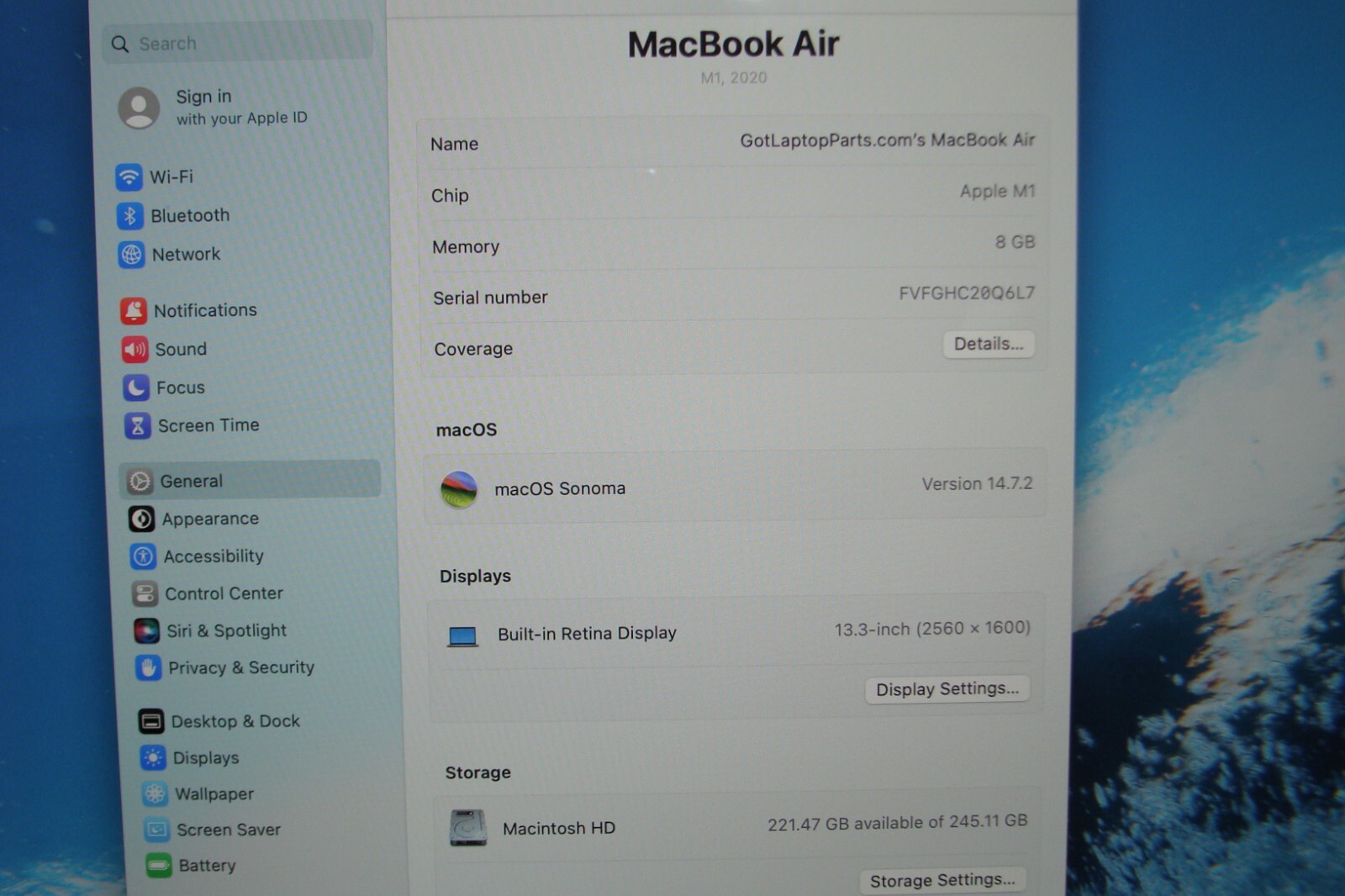 Apple MacBook Air A2337 13.3″ M1 (2020) 8CPU/7GPU 8GB 256GB OS Sonoma +Charger