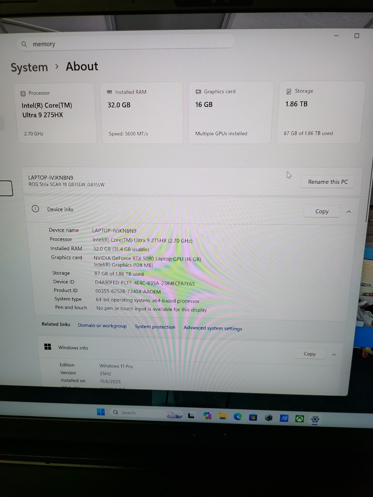 ASUS ROG Strix SCAR 18″ 2.5K 240Hz 2TB Storage /32GB Ram -Ultra 9