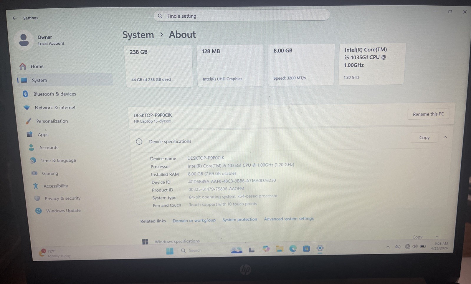 HP 15-DY1751MS i5-1035G1@1.00GHz, 8GB RAM, 256GB M2, Win 11 Home *READ*