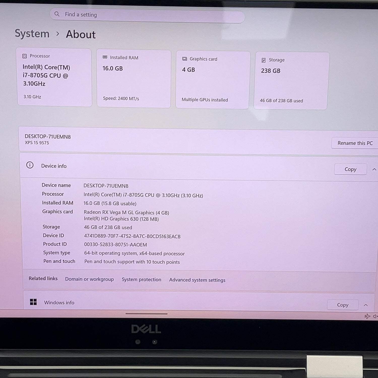 Dell XPS P73F 15.6″ i7-8705G 3.1GHz 16GB RAM 256GB SSD