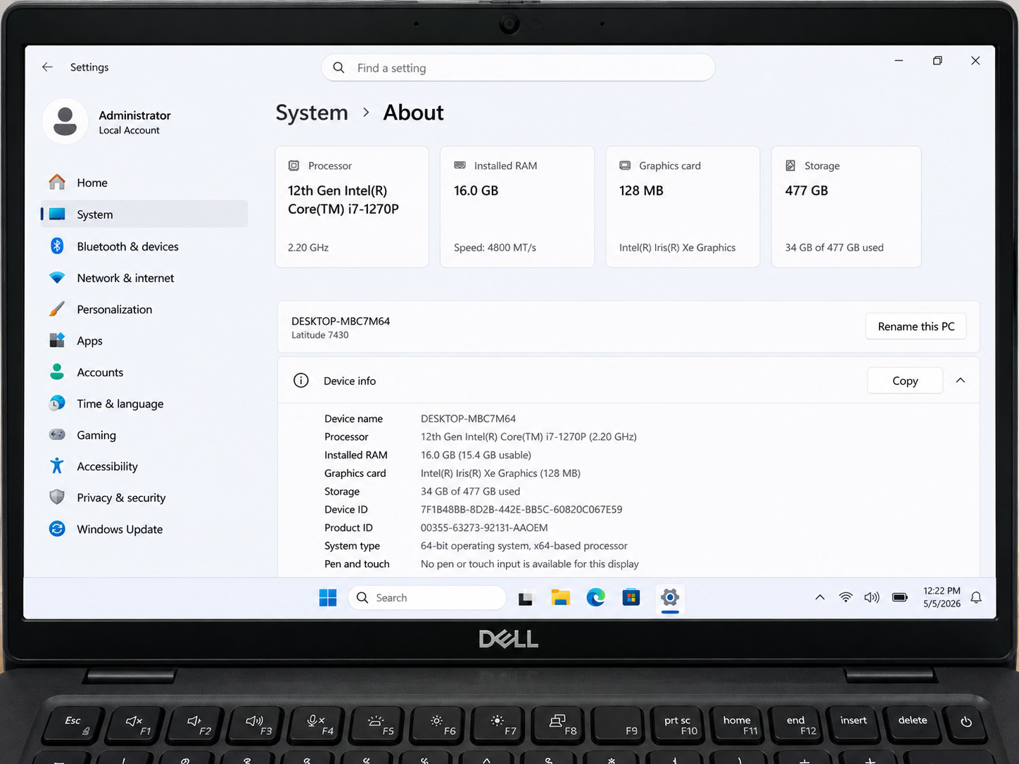 Dell Latitude 7430 14″ i7-1270P, 16GB RAM 512GB SSD, Windows 11 Pro Laptop PC.