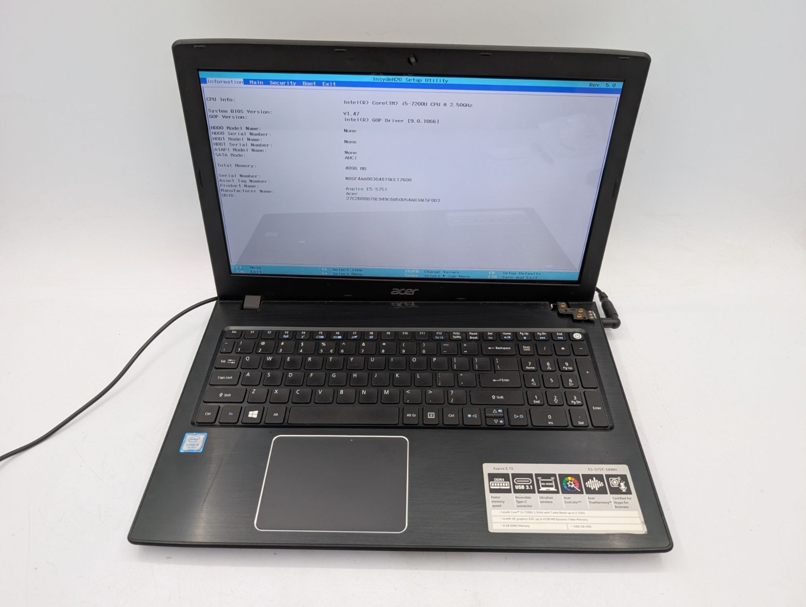 Acer Aspire E15 E5-575T-58WH 15.6″ Laptop i5-7200U No SSD Boots to BIOS Parts