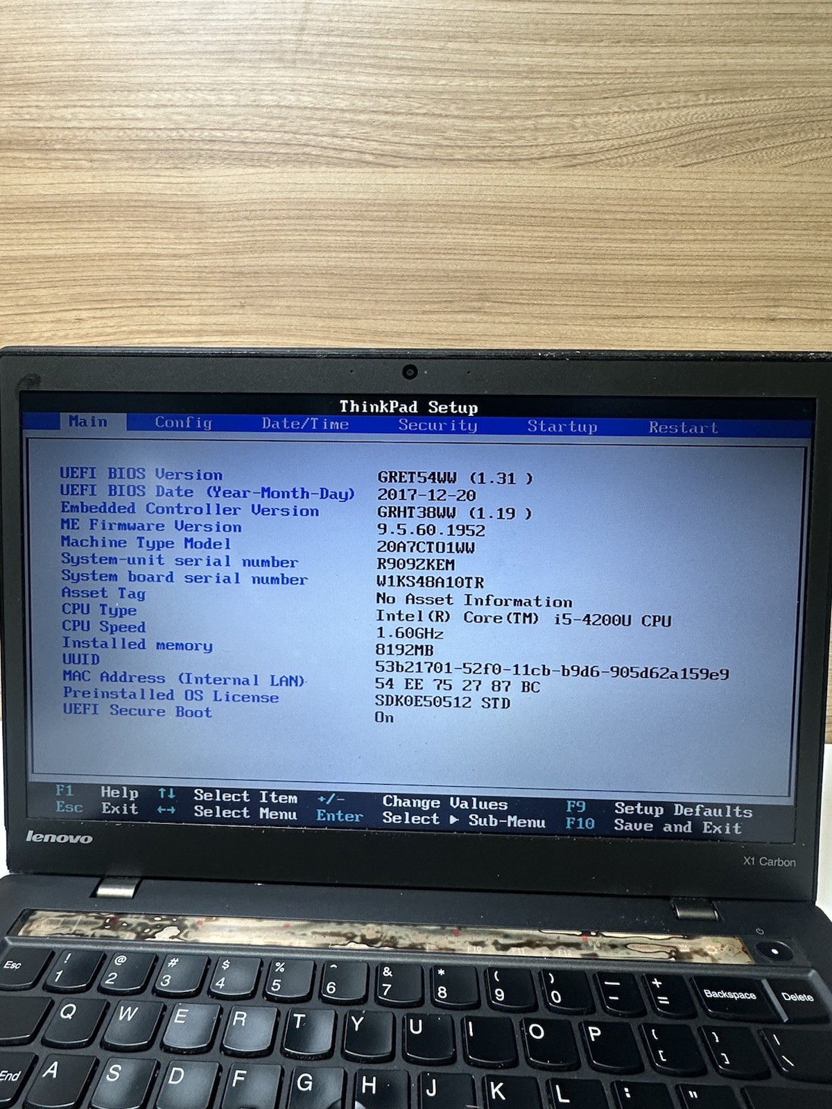 Lenovo THINKPAD X1 CARBON INTEL CORE I5-4200U 1.60GHZ 8GB RAM NO HD(UNTESTED)