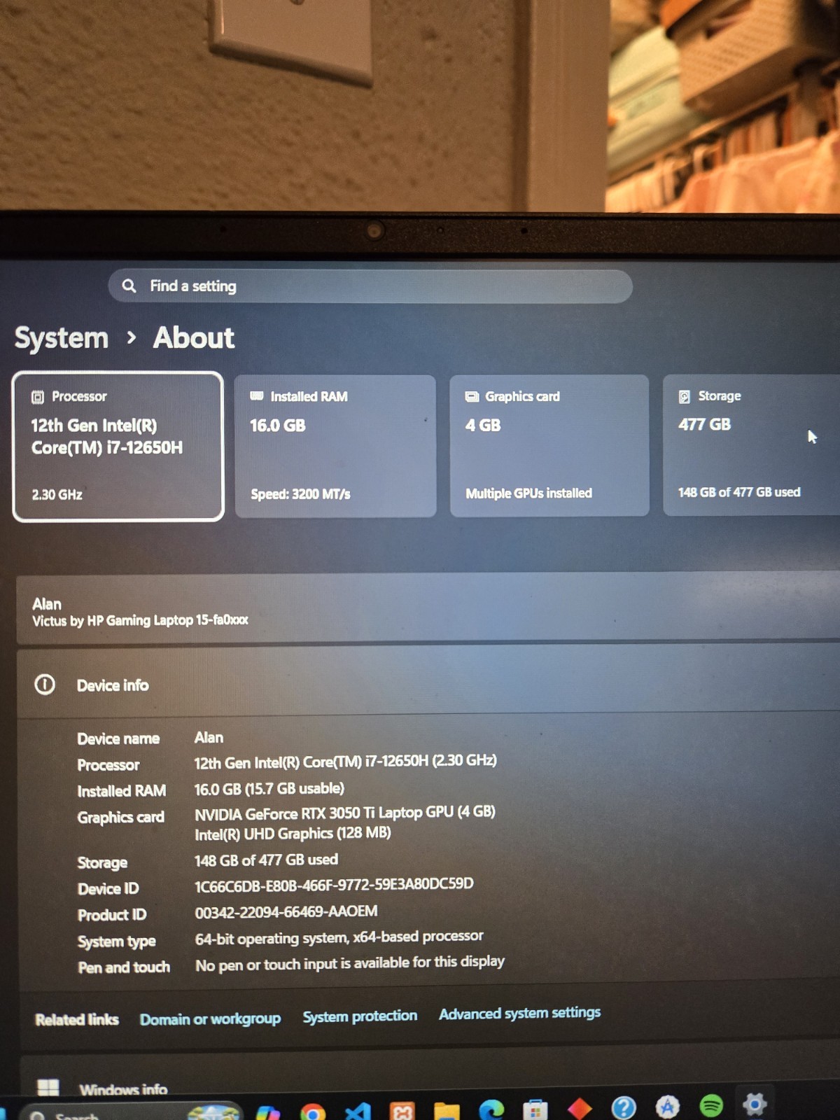 HP Victus 15-fa0xxx 15.6″ Gaming i7-12650H 16GB RTX 3050 Ti 477GB SSD