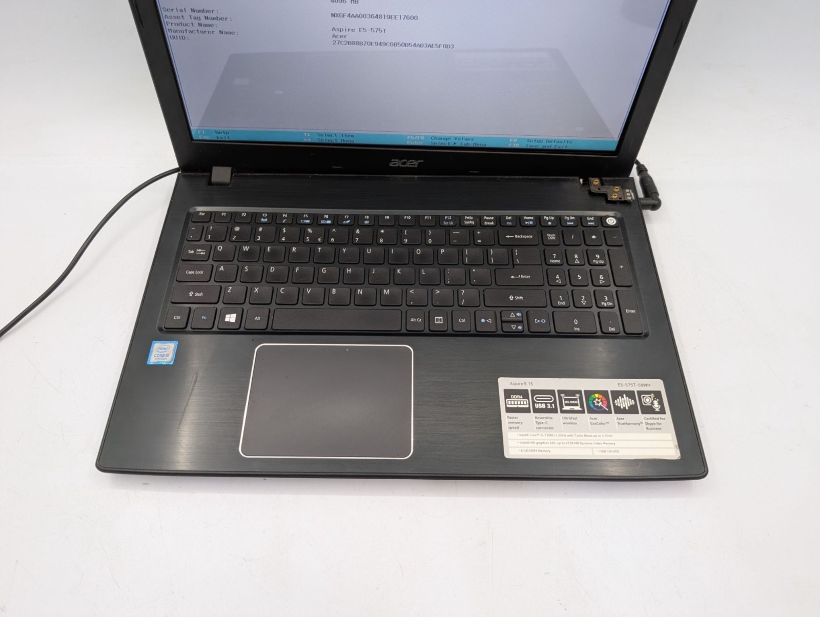 Acer Aspire E15 E5-575T-58WH 15.6″ Laptop i5-7200U No SSD Boots to BIOS Parts