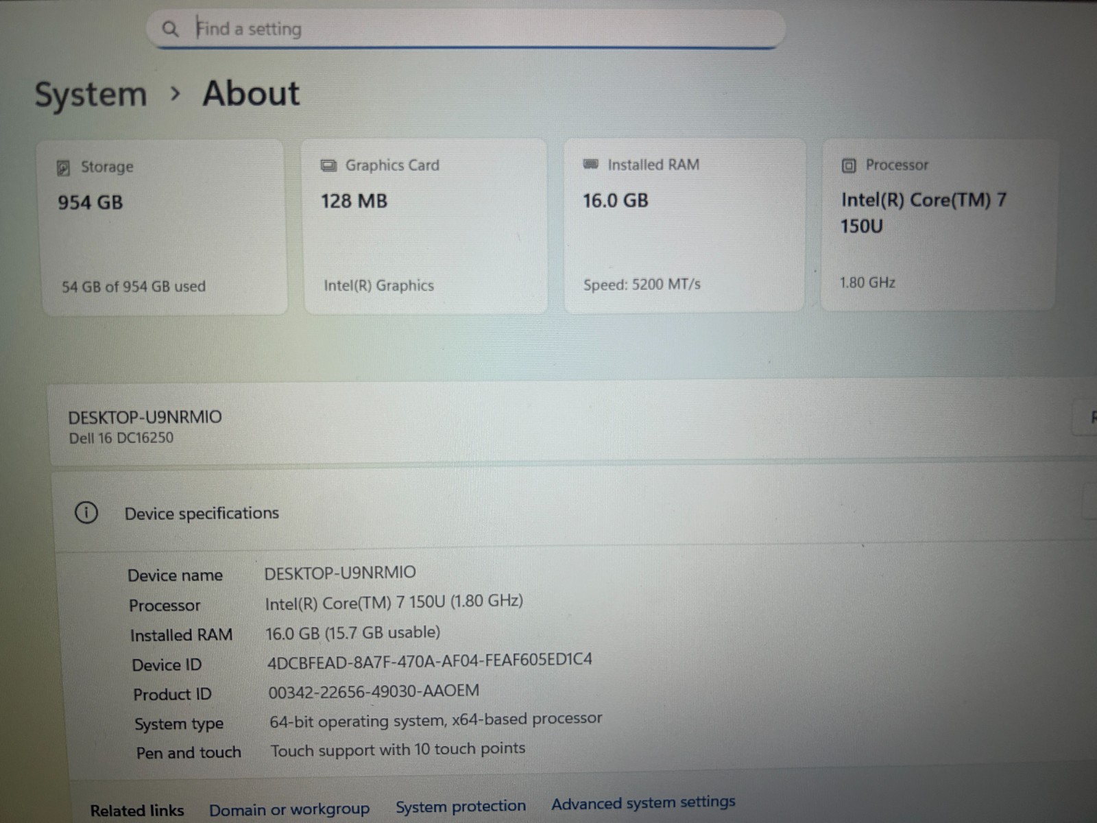 DELL 16 DC16250 MRYT3, Intel Core 7-150U, 1.80 GHz, 16 GB RAM, 1 TB NVMe
