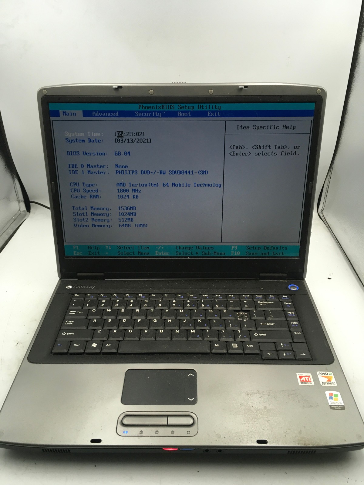 GATEWAY MA3 MX6441 – BOOTS TO BIOS – AMD TURION 64 – 1.5GB RAM – 15″ – READ – BB