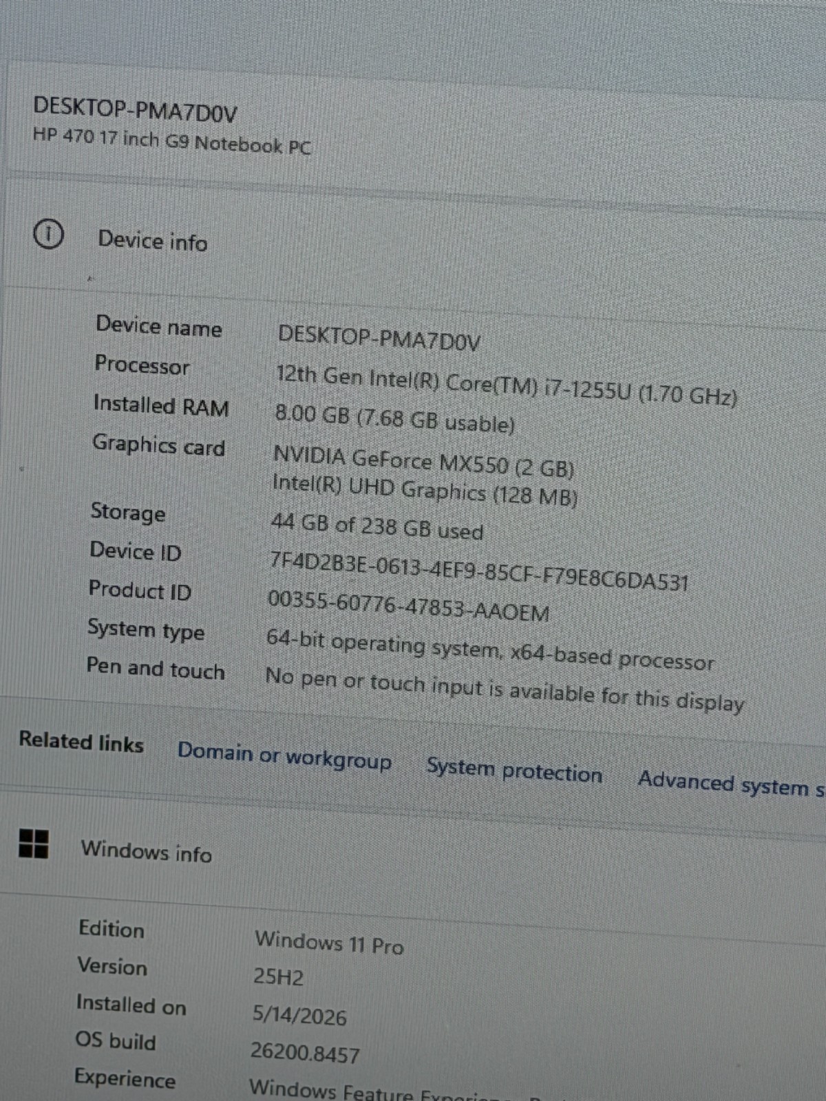 HP 470 G9 17.3 inch i7-1255U@1.70GHz 8GB RAM 256GB NVMe W11P NVIDIA MX550 *READ