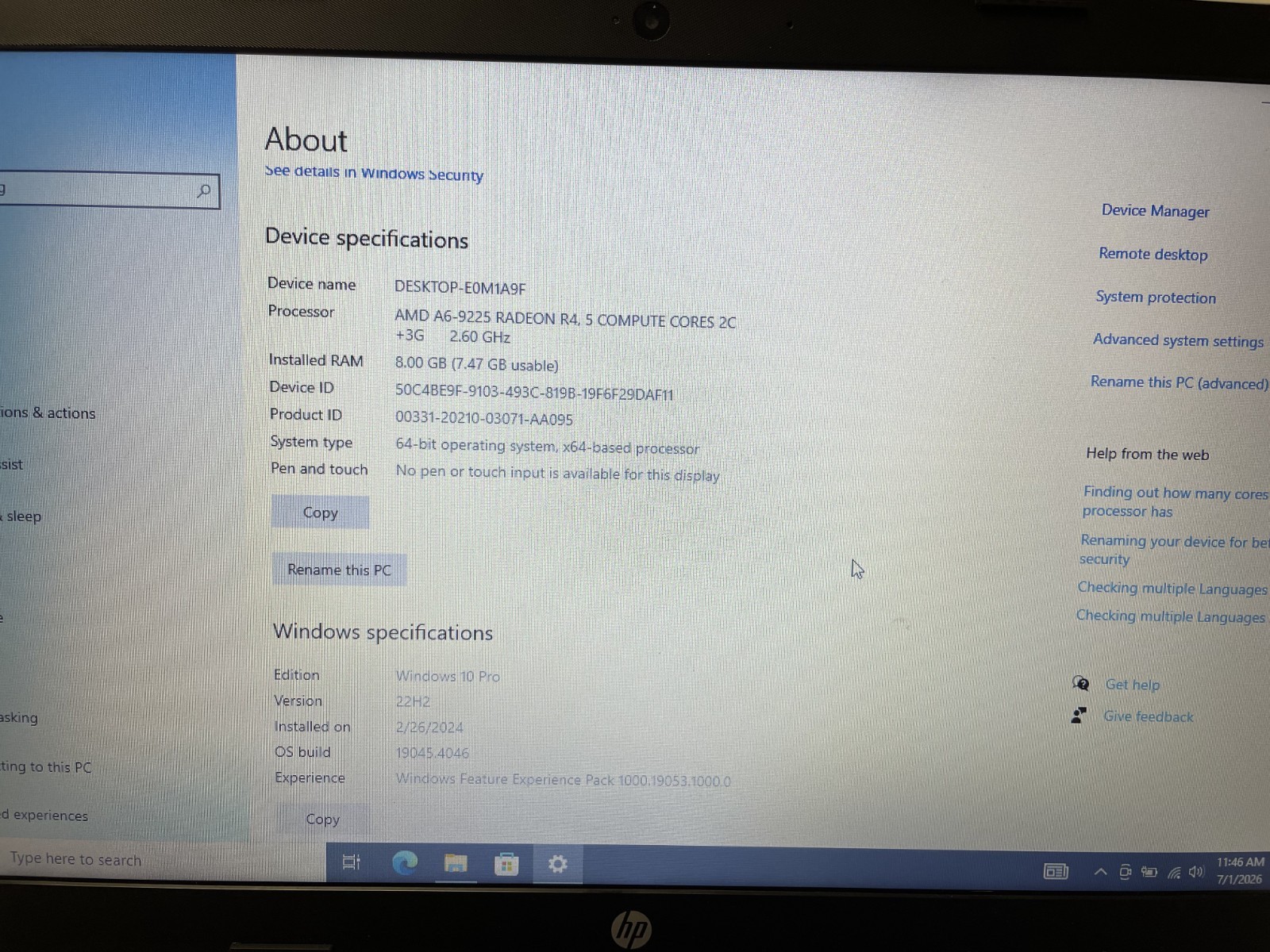 HP 255 G7 15.6” AMD A6-9225 @2.60GHz 8GB RAM 256GB SSD Win10Pro AMD Radeon R4