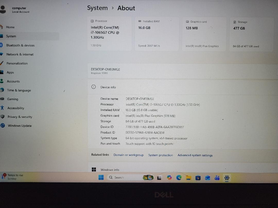 Dell Inspiron 5593 15.6 inch i7-1065G7 1.30GHz, 16GB,512 NVMe Touch screen.