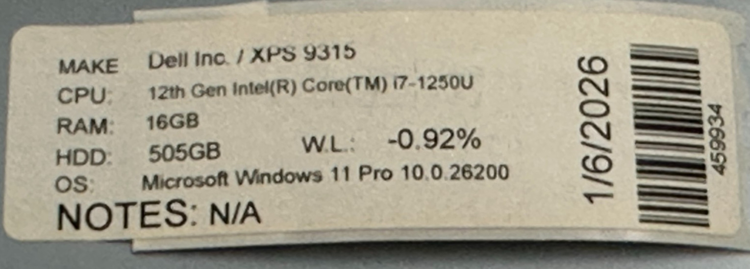DELL XPS 13 9315 LAPTOP CORE i7-1250u @ 1.10Ghz 16GB RAM 505GB SSD (lp637)
