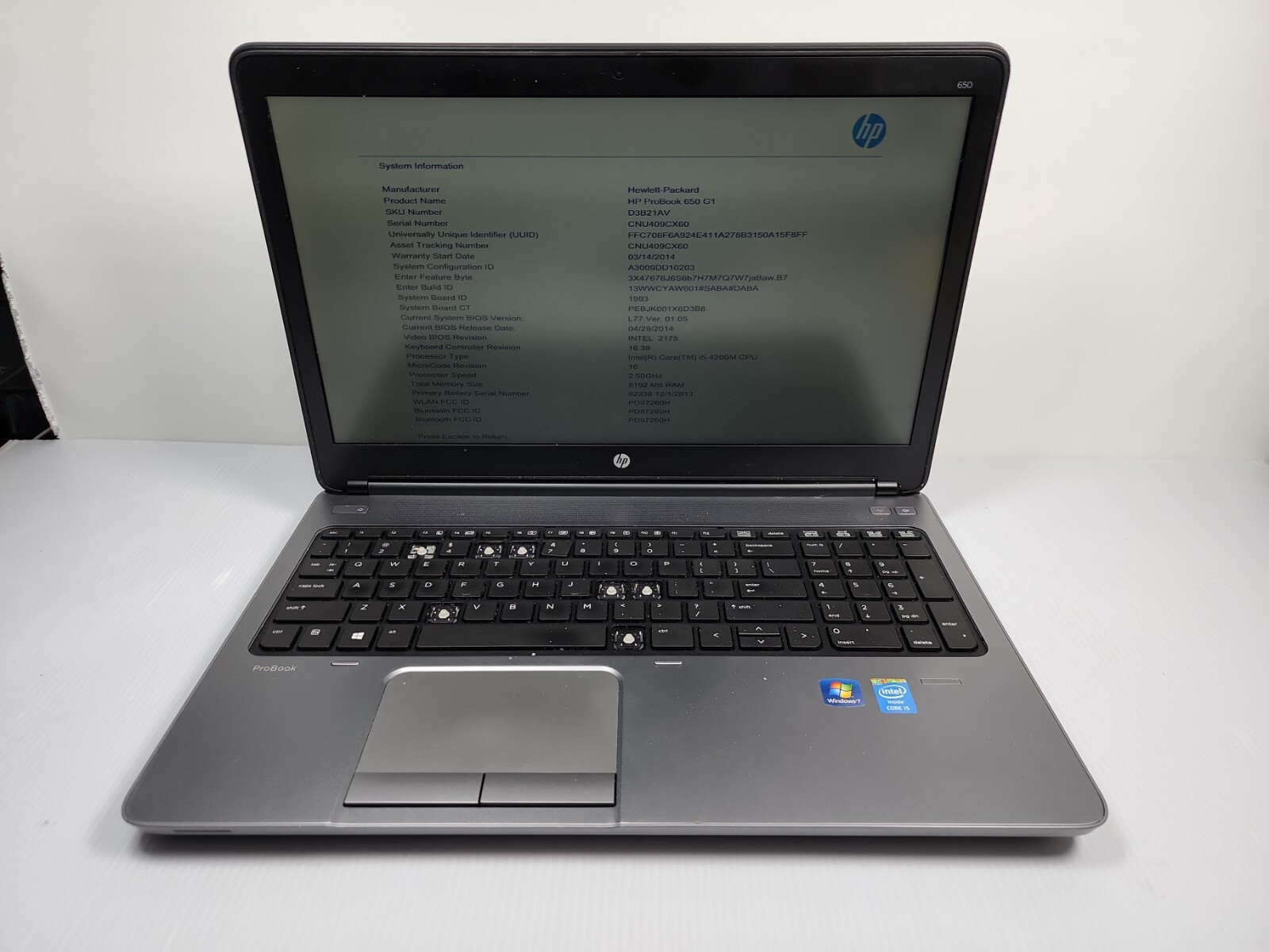 HP PROBOOK 650 G1 15.6” ~ i5-4200M 2.5Ghz ~ 8GB ~ NO HDD READ #F3