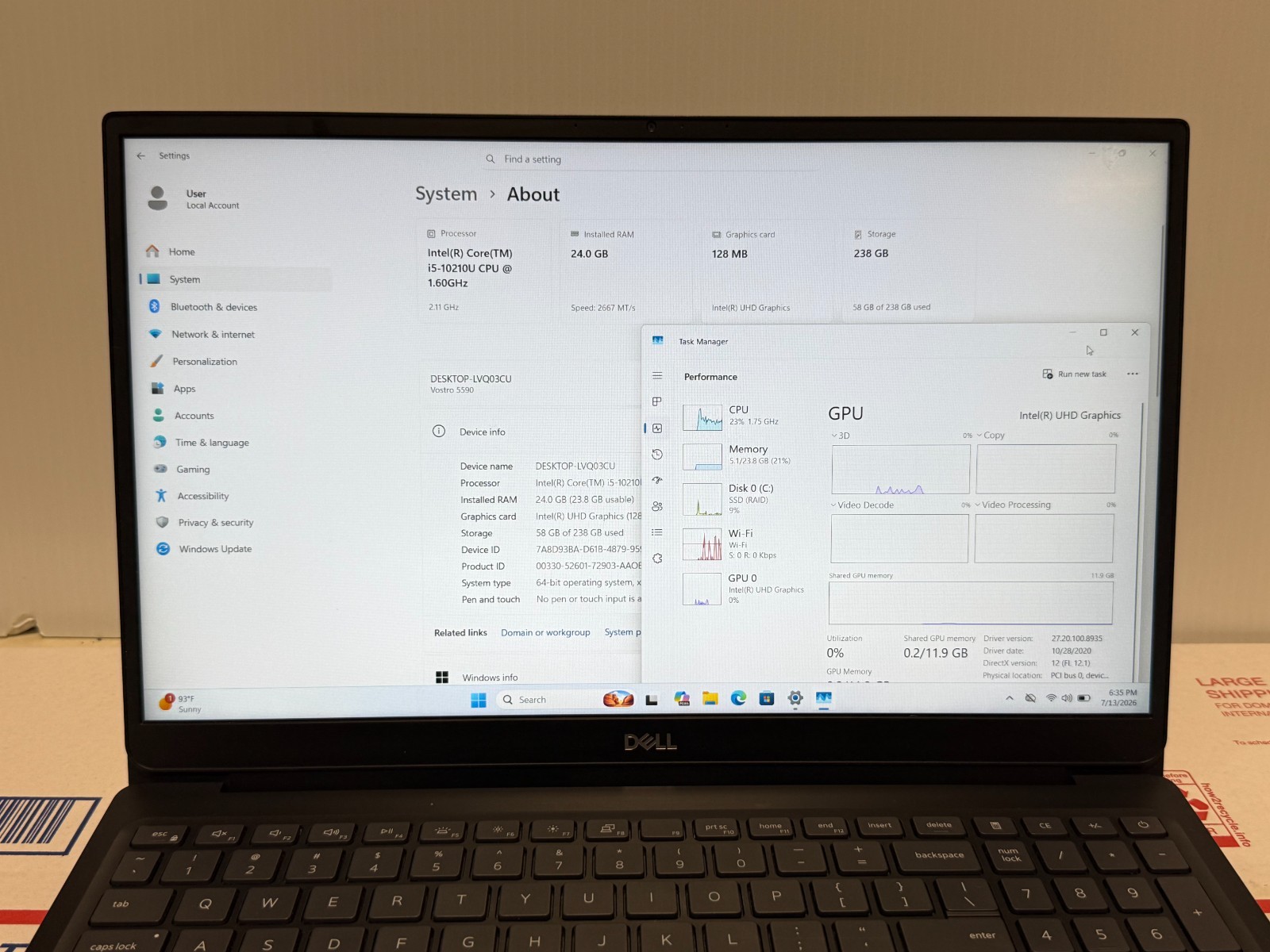 Dell Vostro 5590 Used Laptop (i5-10210U CPU @ 1.60GHz-24GB-256GB NVMe) Win 11
