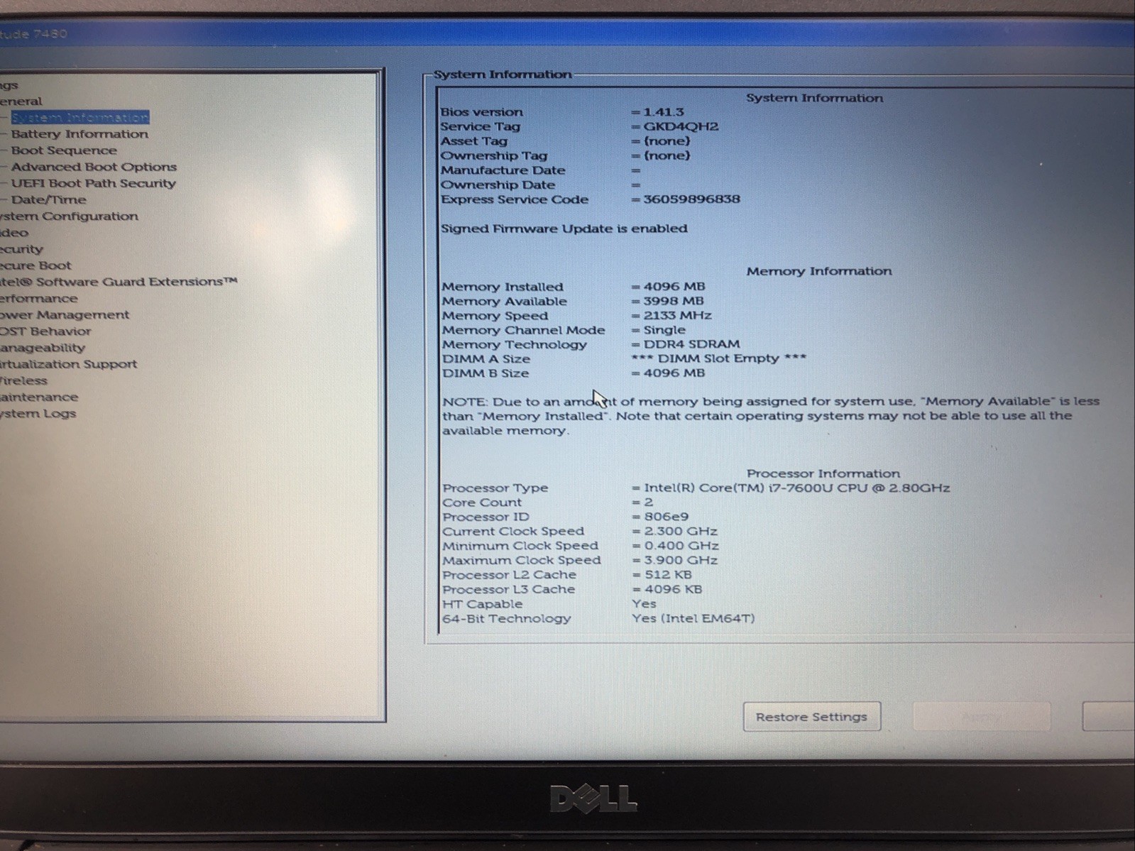 Dell Latitude 7480, Intel Core i7-7600U @2.80Ghz, 4GB RAM, NO SSD/OS, *READ*