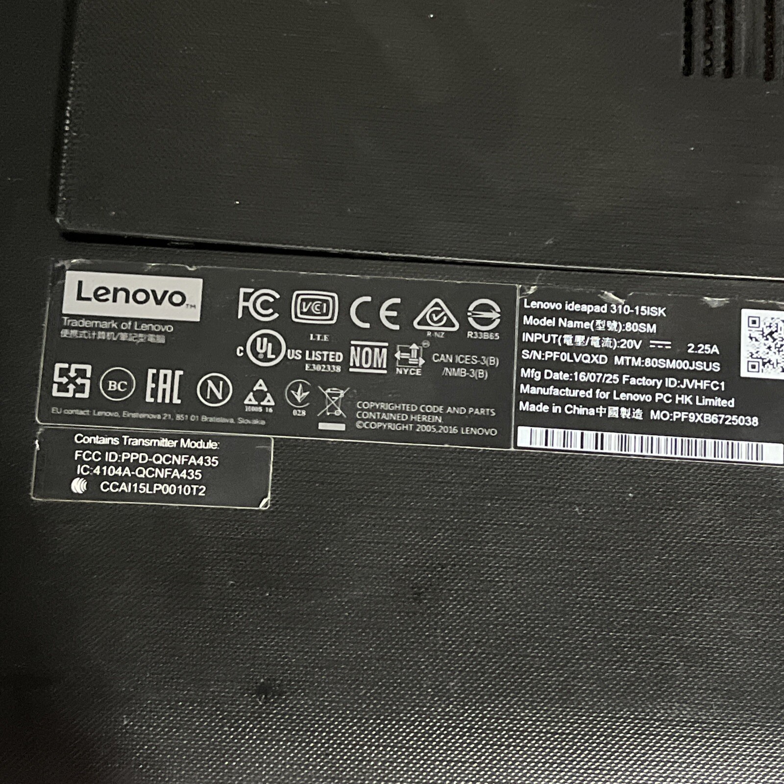 LENOVO IDEAPAD 310-15ISK INTEL CORE I7 8GB RAM NO HD /