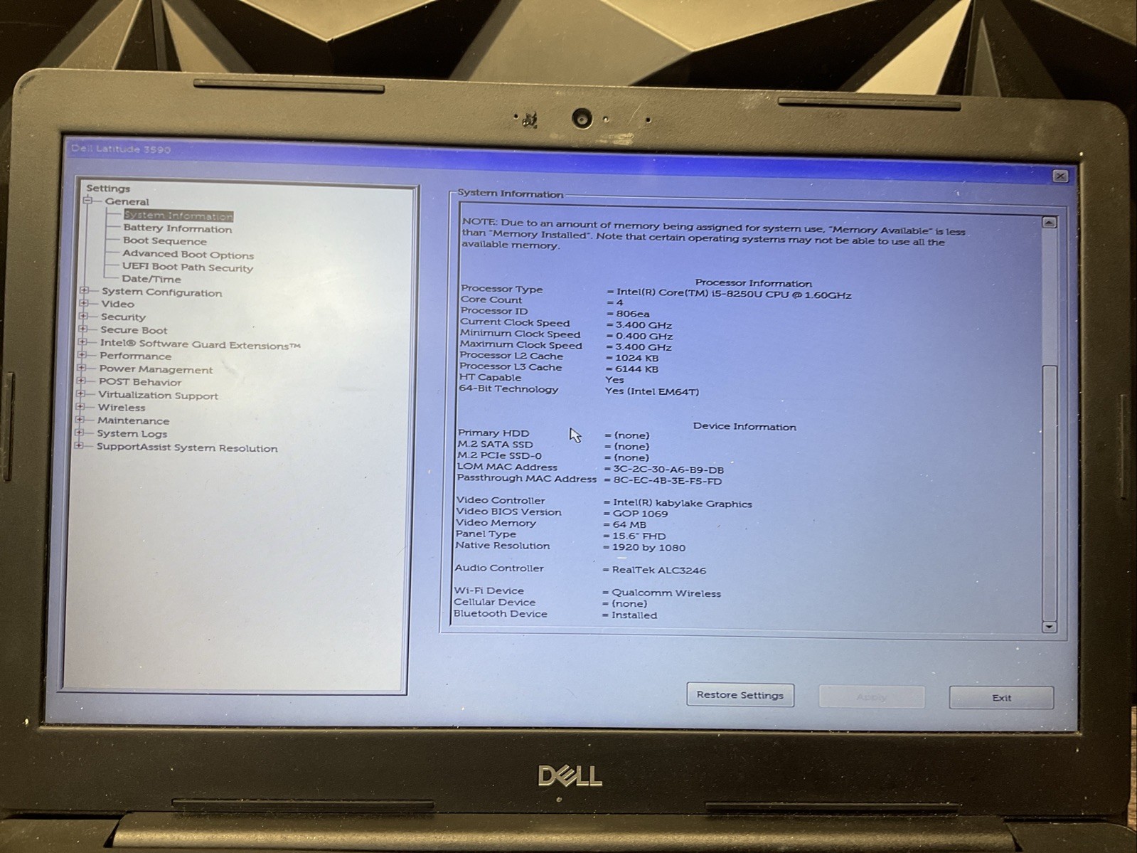 Dell Latitude 3590 / Intel Core i5 8th Gen / BIOS Unlocked / Parts Repair / J6