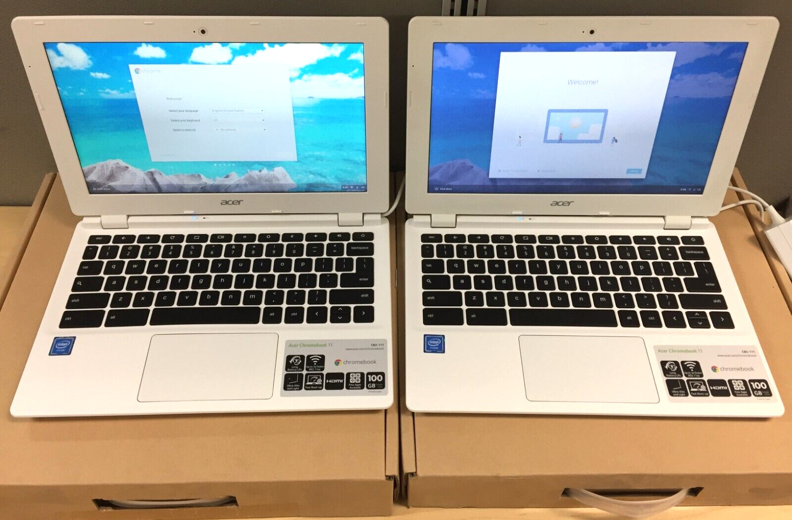 Lot of 2 Acer Chromebook CB3 11.6″/Intel N2840/2GB/16GB eMMC/White *Bad Battery*