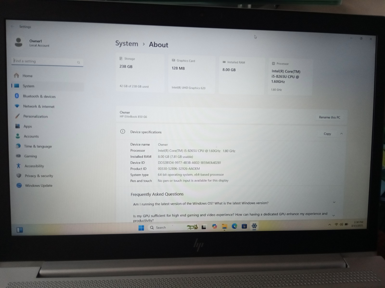 HP EliteBook 850 G6 i5-8365U 1.6GHz 8GB Ram 256GB SSD WIN 11 Pro