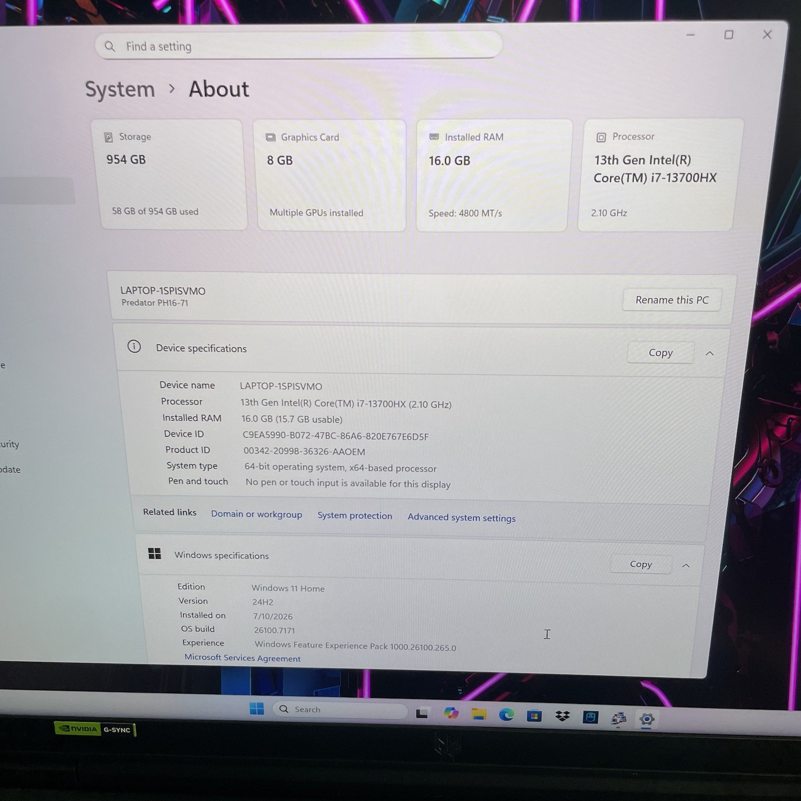 Acer Predator Helios 16 PH16-71 Geforce RTX 4070 i7-13700HX 16GB RAM 1TB SSD