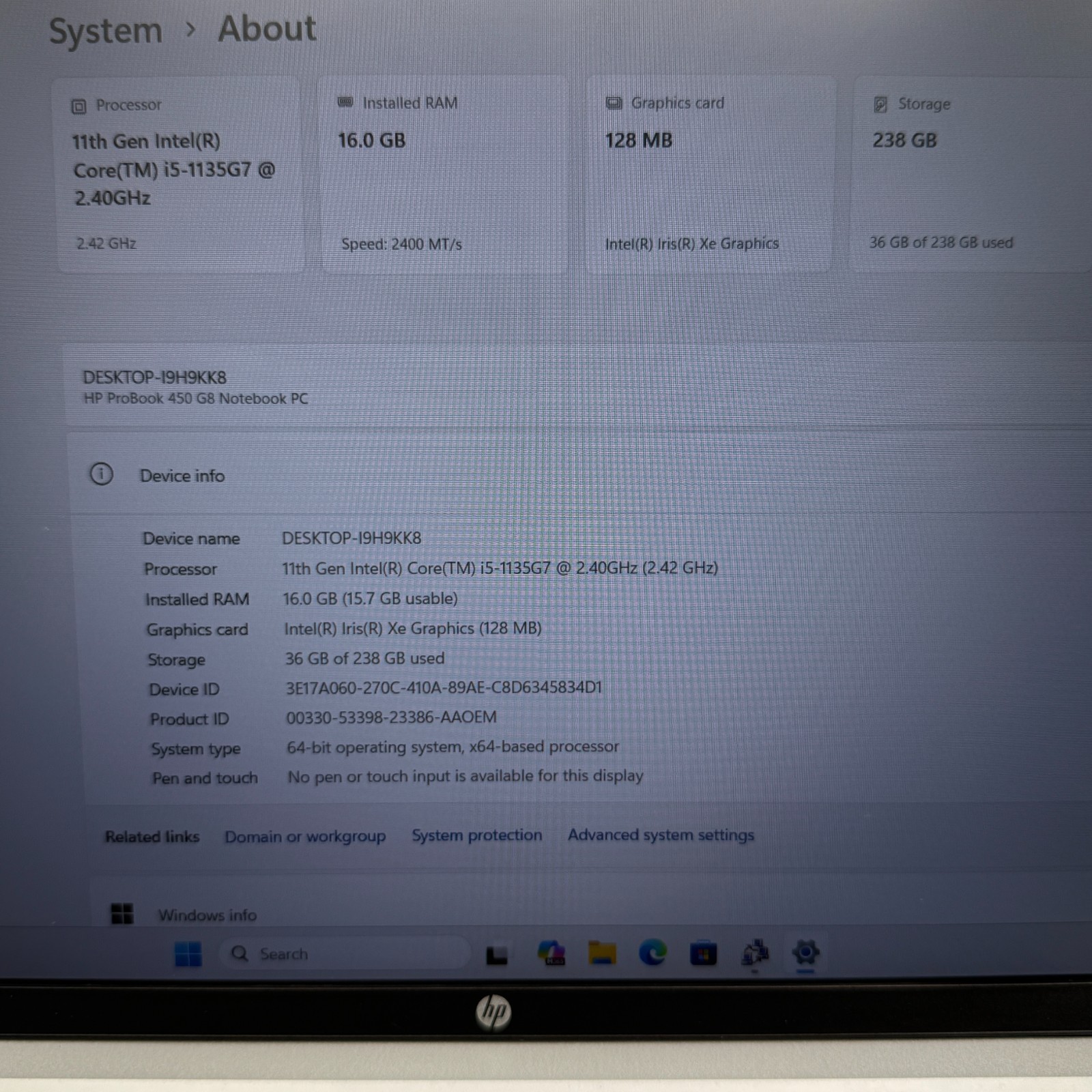 HP ProBook 450 G8 15.6″ i5-1135G7 16GB RAM 512GB SSD Win11 Pro USB-C FHD SEE PIC