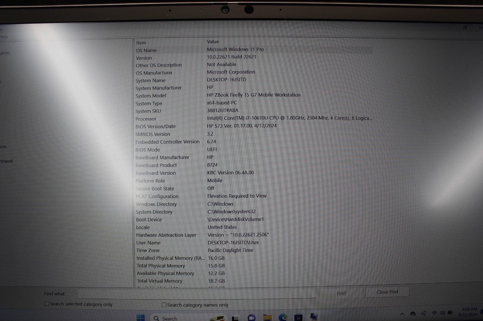 HP ZBook Firefly 15G7 Mobile WS I7-10610U 256GB NVME 16GB DDR4