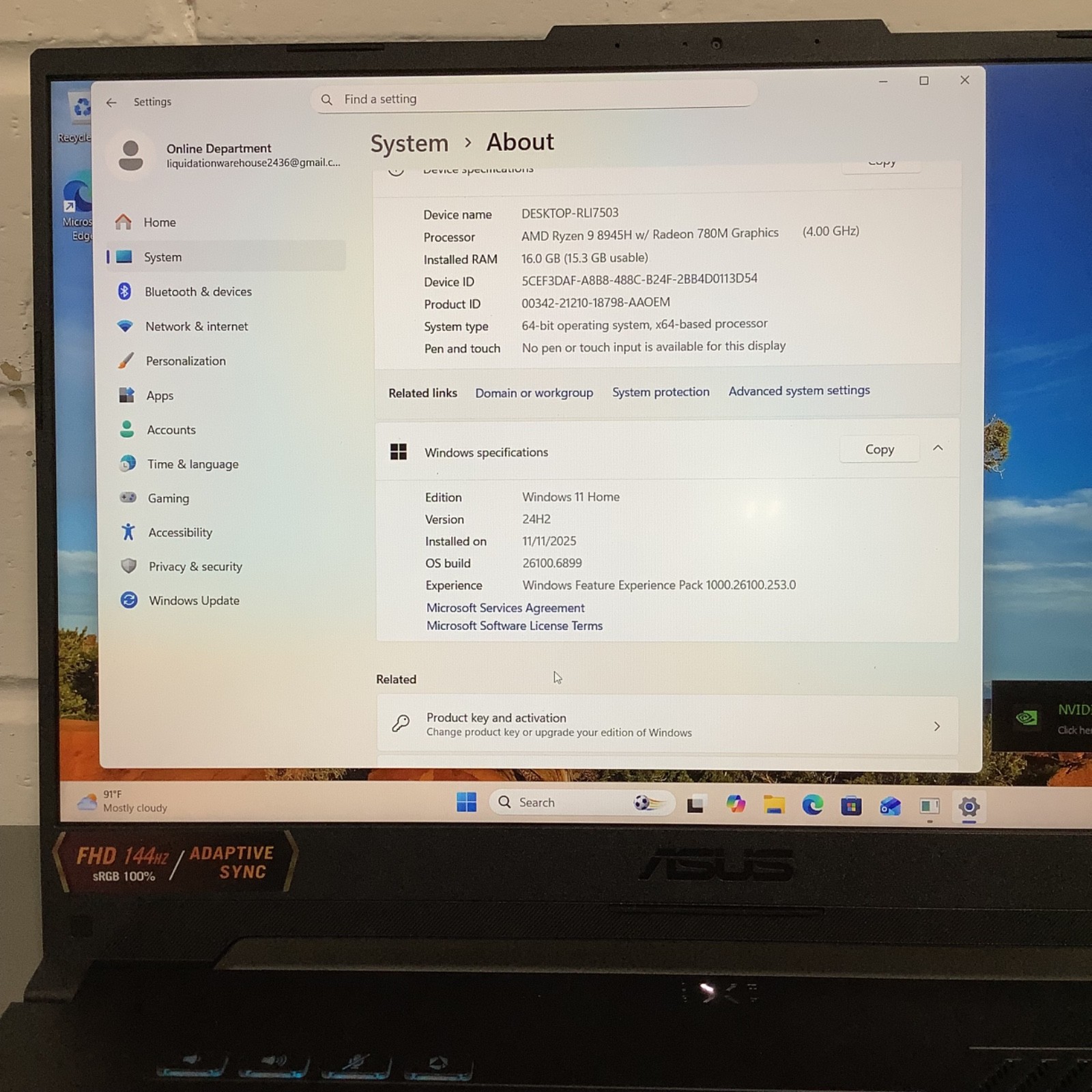 Asus TUF Gaming A15- 15.6″ FHD Ryzen 9 8945H- 8GB 512GB SSD