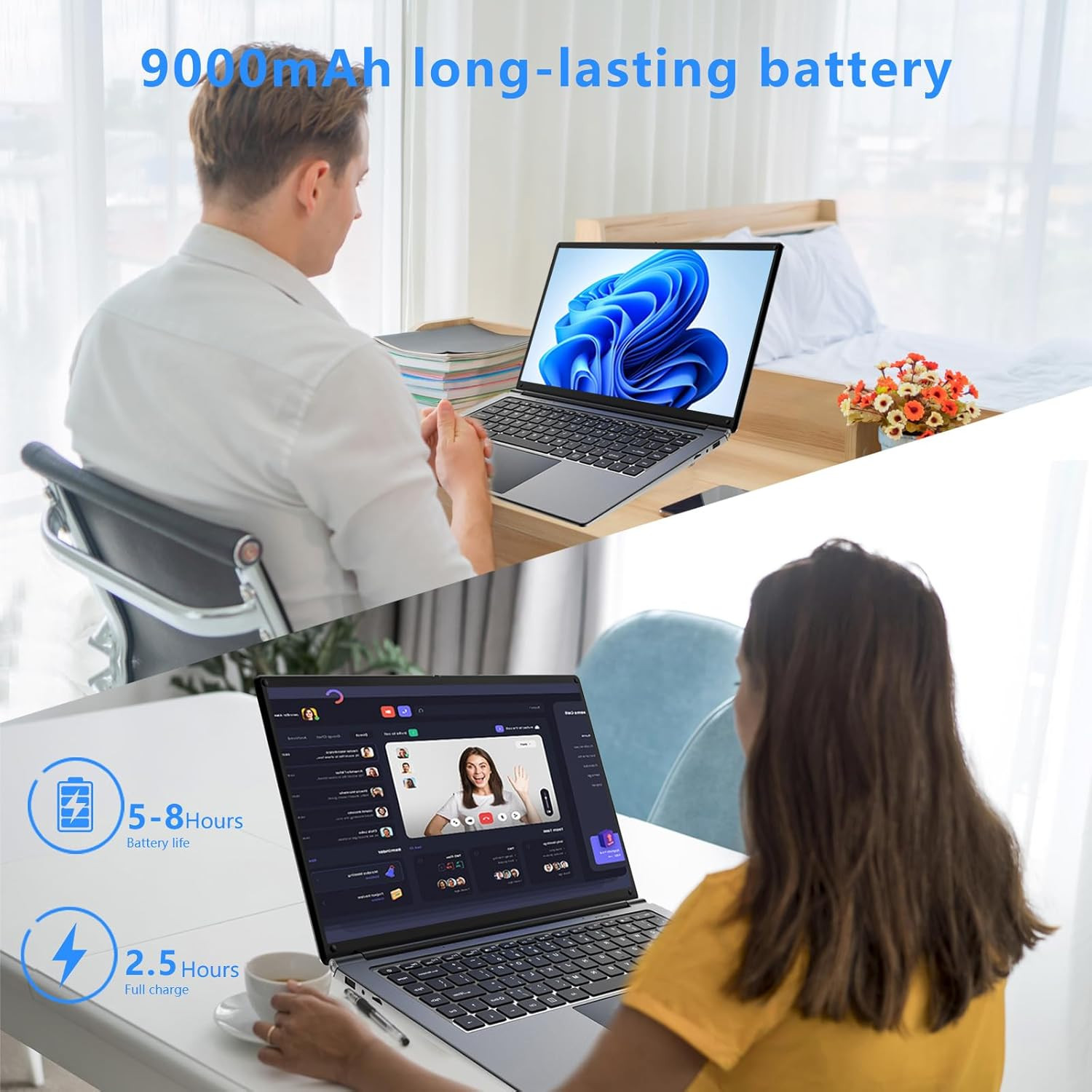 Laptop 16-Inch 8GB DDR 256GB SSD Portable Laptop Computer, Expandable to 1TB, AM
