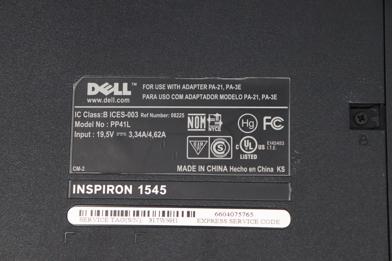 Dell Inspirion 1545 PC Laptop No Power Cord Untested AS-IS DVD CD-RW Drive