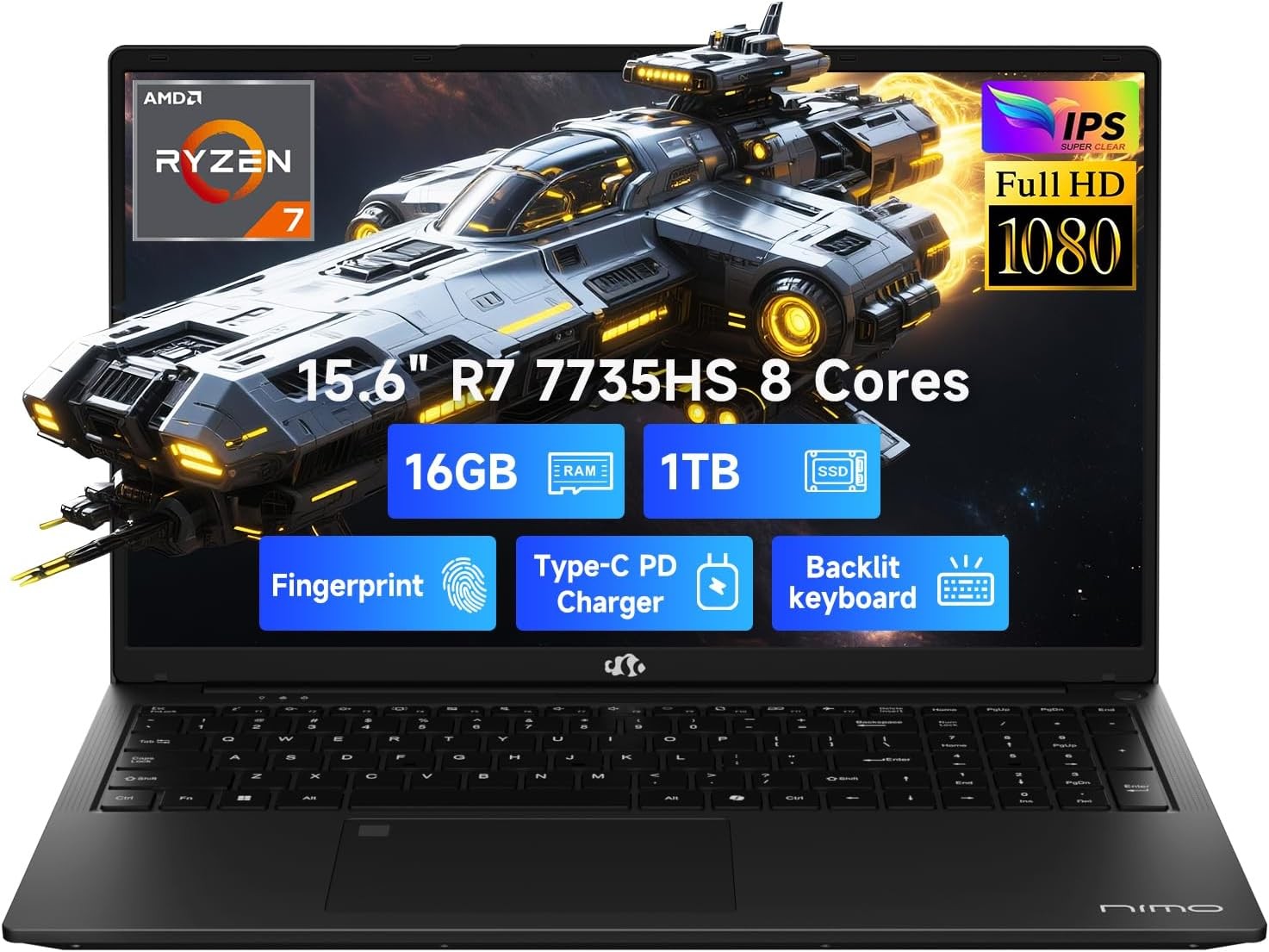 NIMO 15.6 IPS FHD Gaming-Laptop AMD 8 Cores Ryzen 7 7735HS 16GB DDR5 RAM 1TB SSD