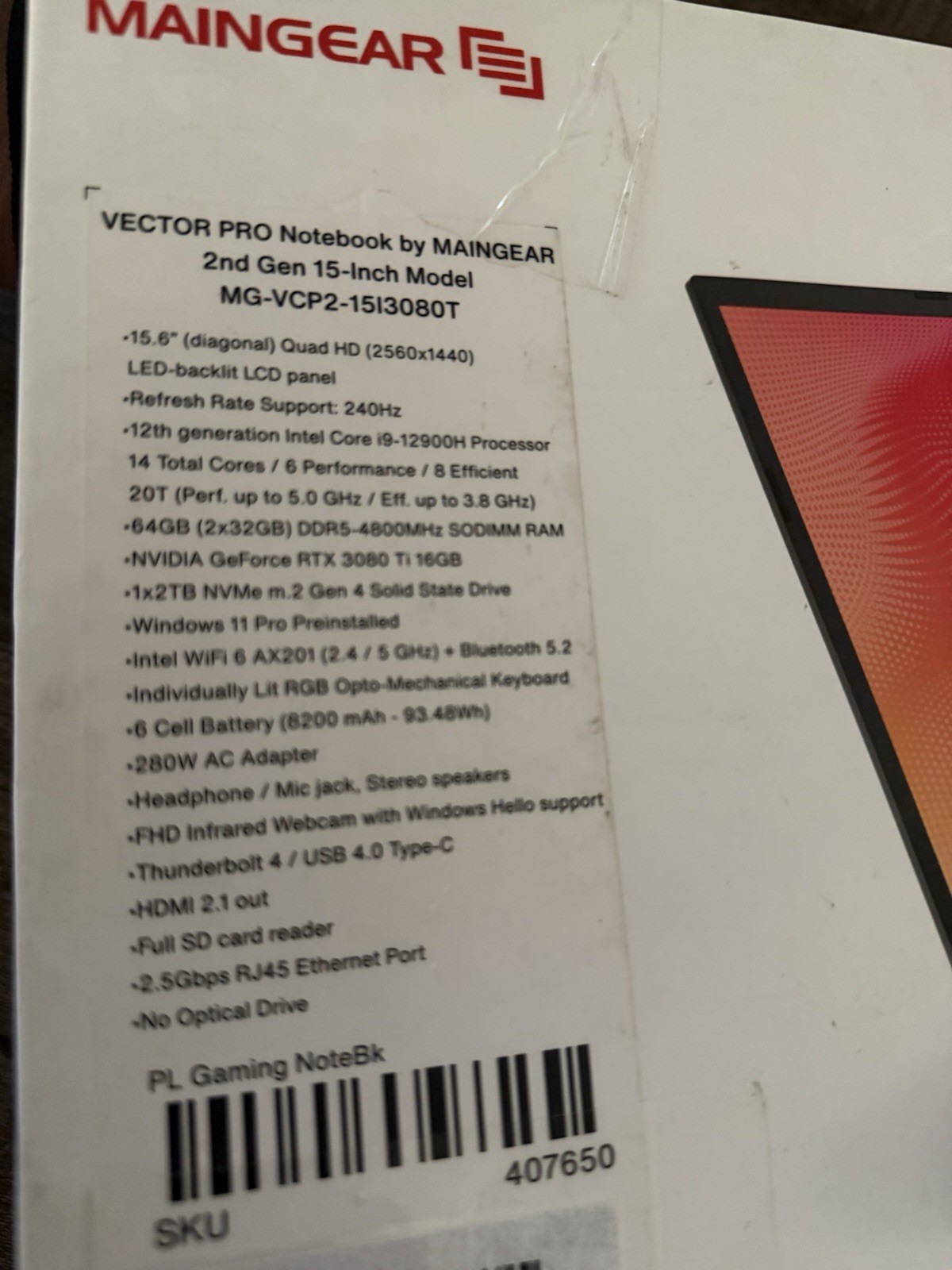 Maingear Vector Pro 2 – 15.6″ Core i9 12900h- 64GB DDR5 RAM – 2tb SSD RTX 3080ti
