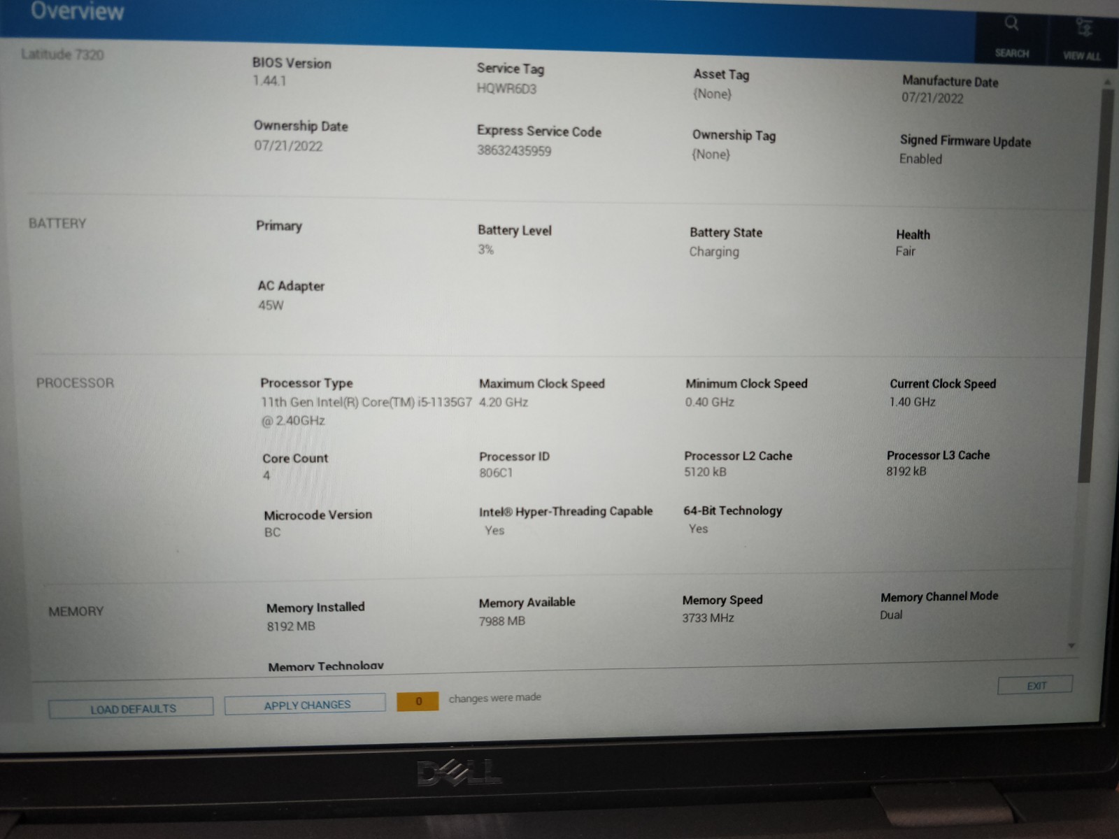 Dell Latitude 7320 I5 8GB RAM NO DRIVE PARTS 8976