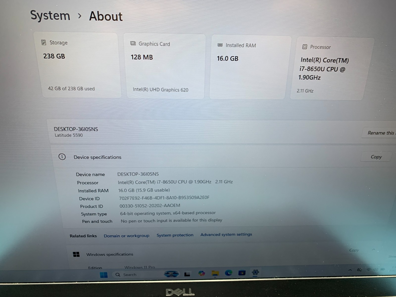 DELL LATITUDE 5590 15.6″ Core i7-8650U 1.90GHZ 16GB RAM 256GB SSD Windows 11 Pro