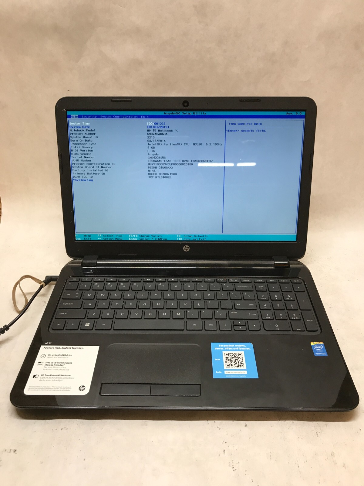 HP 15-r029wm 15″ Laptop Intel Pentium N3520 2.16GHz 4GB RAM NO HDD/OS AS IS – DW