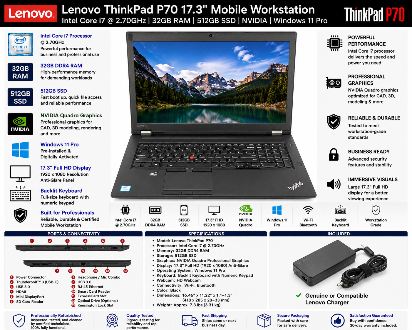 Lenovo ThinkPad P70 17.3″ i7 2.70GHz 32GB RAM 512GB SSD NVIDIA Win11 Pro