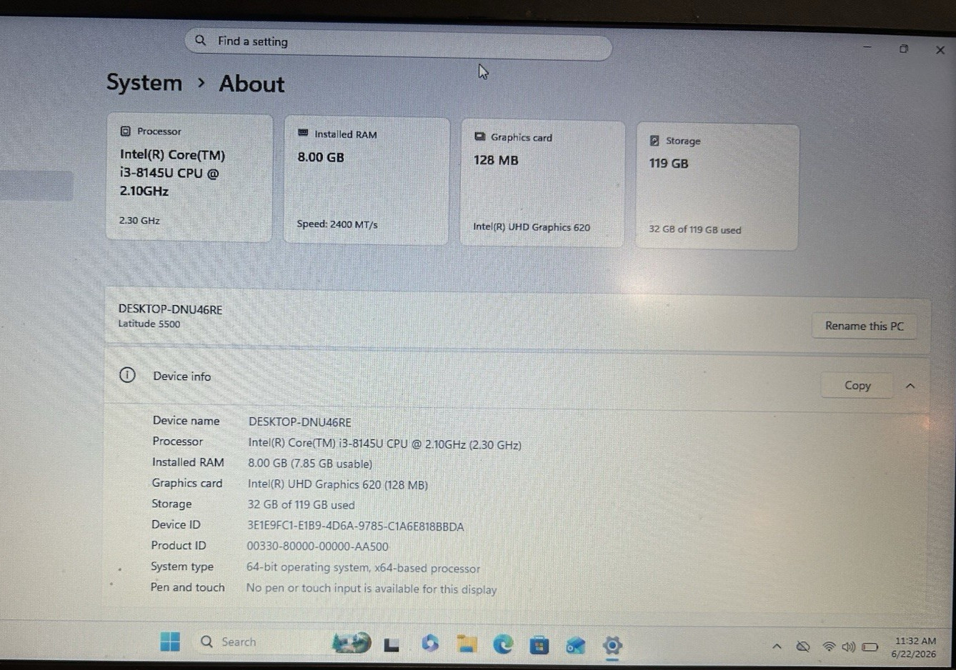 LOT OF 3 Dell Latitude 5500 Intel i3-8145u @2.1GHZ – 8GB RAM – 128GB SSD – W11P