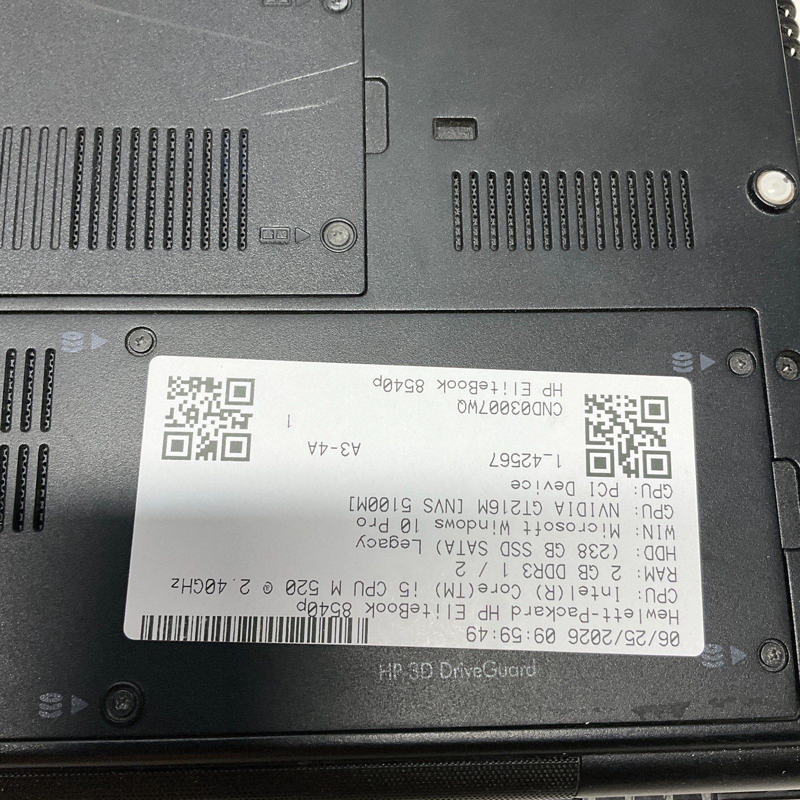 15.6″ HP ELITEBOOK 8540P | i5-M520 @ 2.40 GHz 2GB 256GB SSD Windows 10 Pro