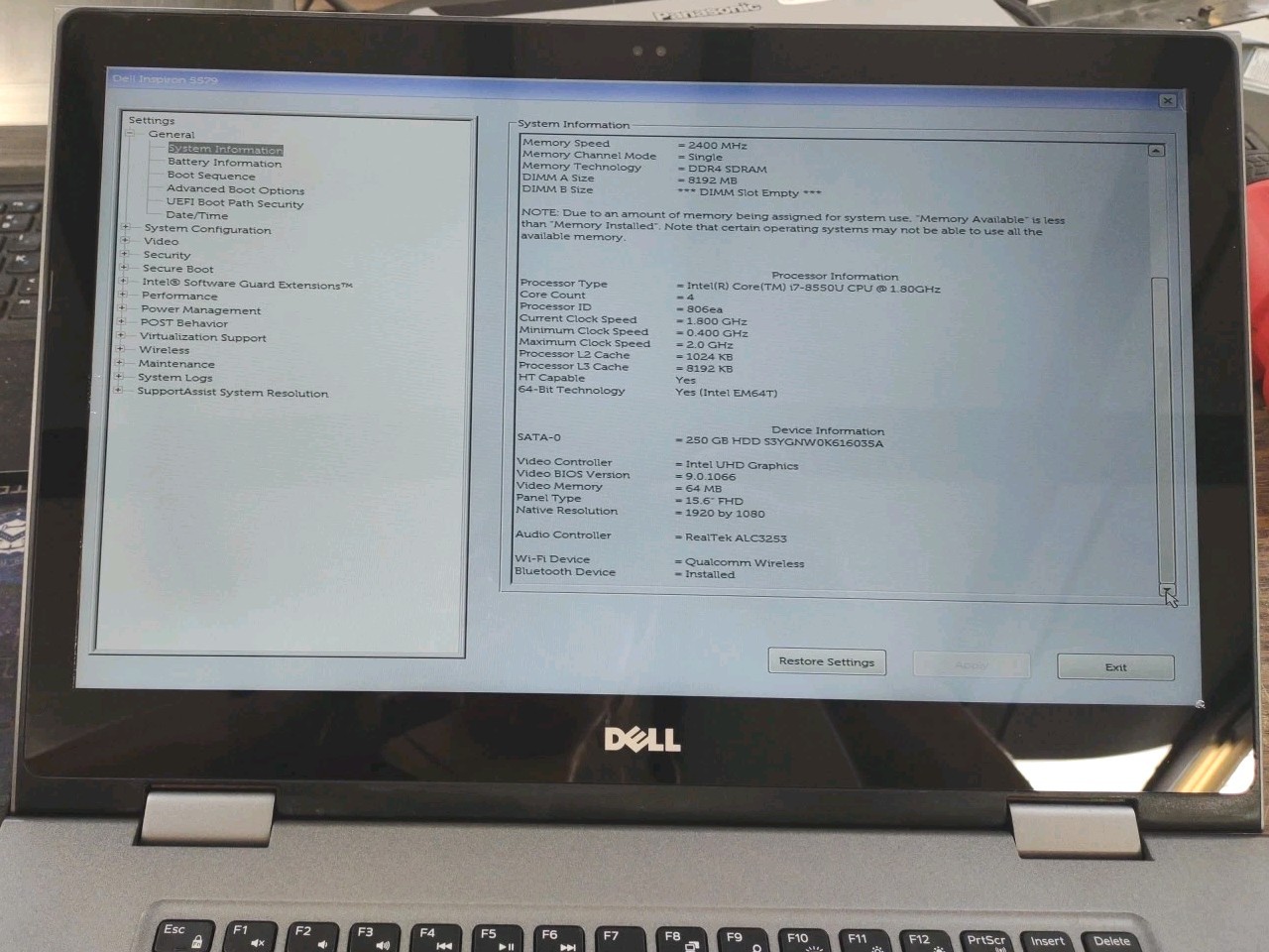 DELL INSPIRON 15 5579 2N1 TOUCH W/ i7-8550U 1.8GHz, 8GB RAM, 250GB HDD