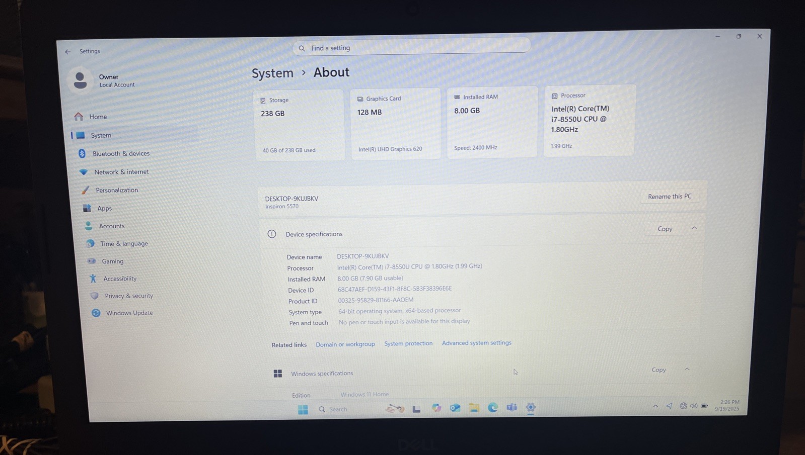 Dell Inspiron 5570 15.6″ i7-8550U@1.80GHz, 8GB RAM, 256GB M2, Win 11 Home *READ*