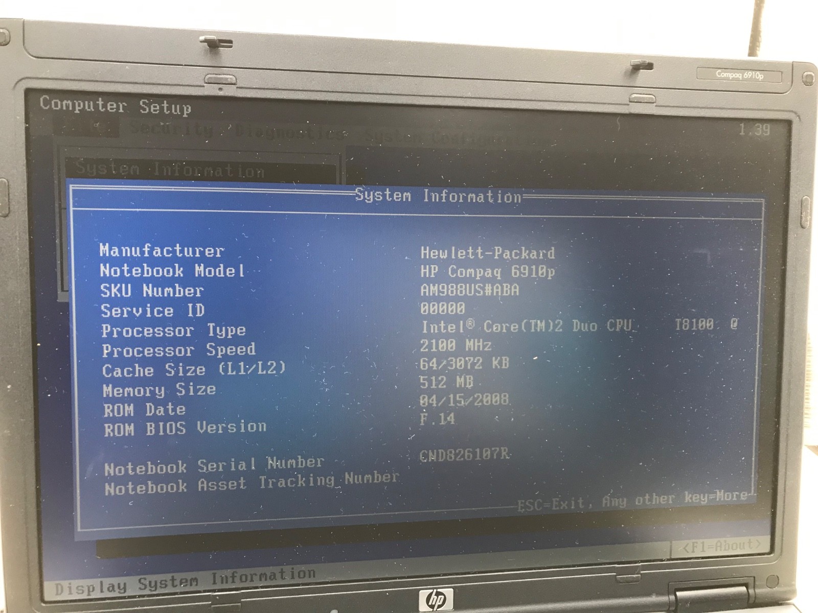HP Compaq 6910p Intel Core 2 Duo 2.1 GHz 14″ Laptop – BOOTS BIOS -MZ