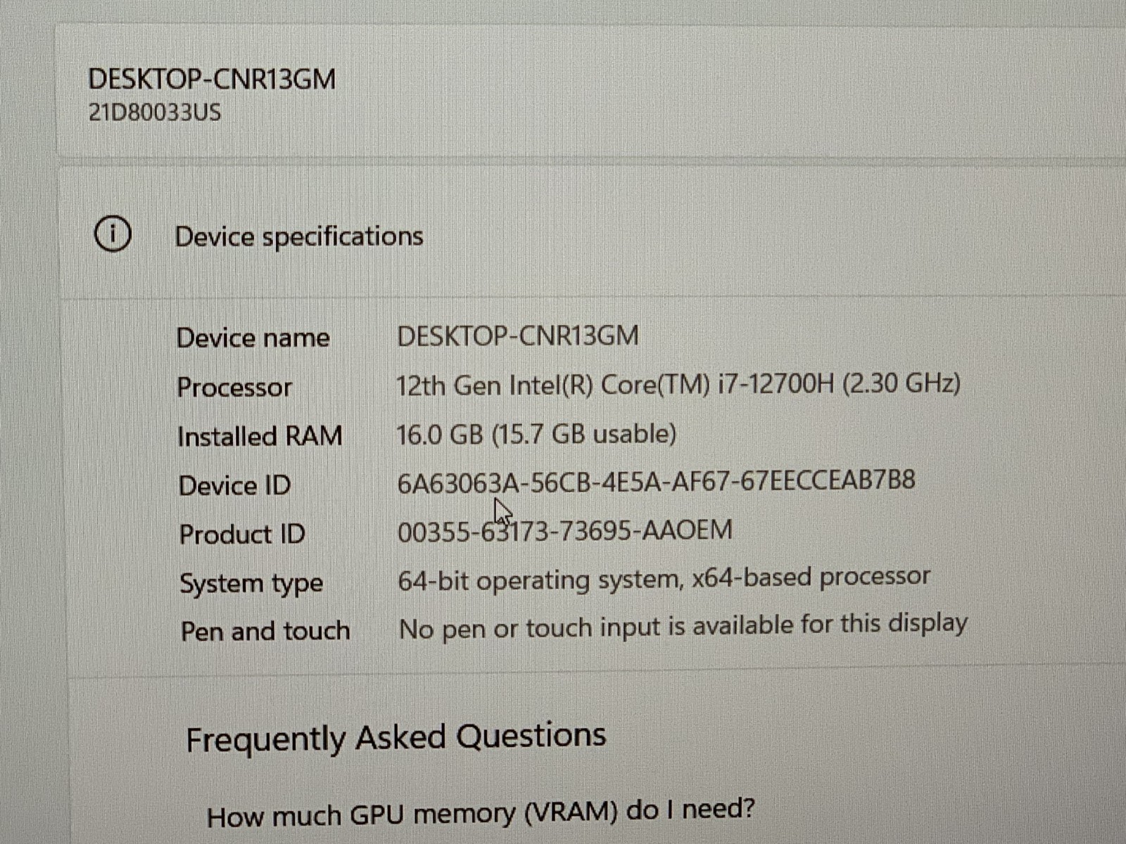 LENOVO THINKPAD P15V GEN3 i7-12700H@ 2.30GHz 16GB RAM 512GB NVMe W11P W/AC *QTY
