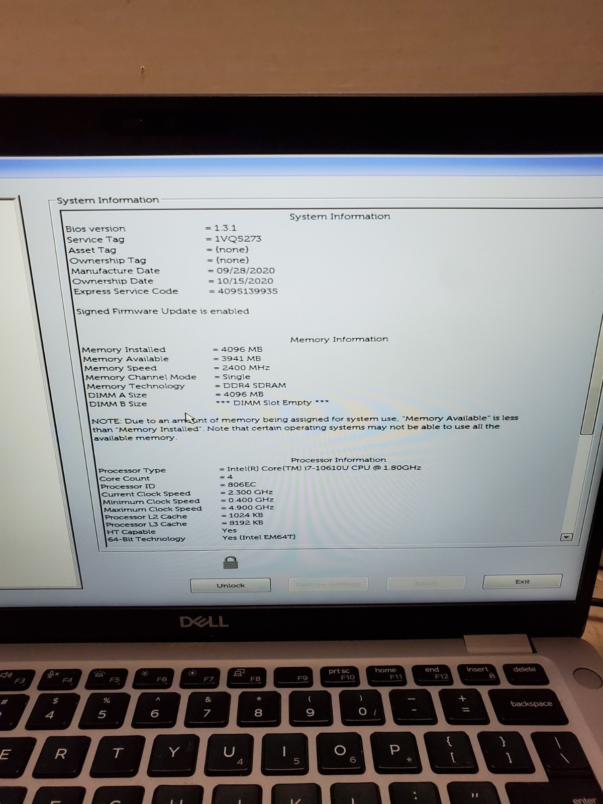 Dell Latitude 5410 14″ i7-10610u 1.6GHz 4GB RAM No SSD/OS! BIOS PW! READ! #69